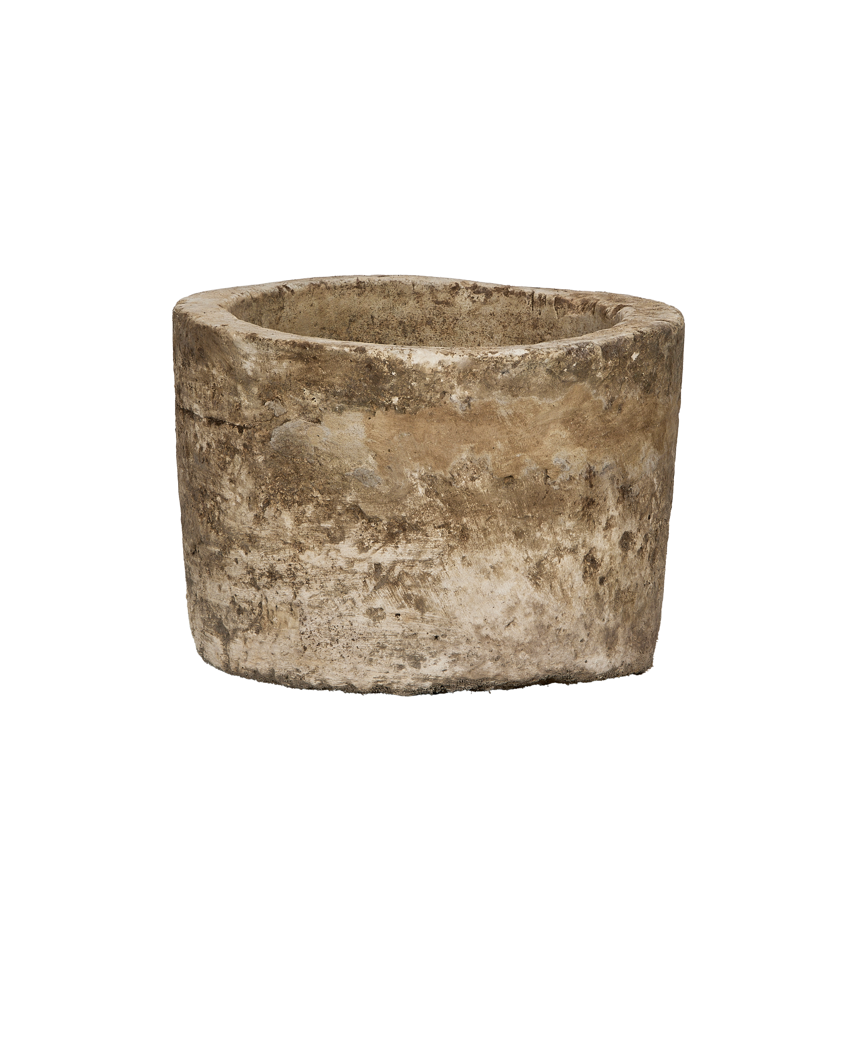 Vintage round limestone trough, aged condition, handcrafted, Indonesian origin, earth tones.
