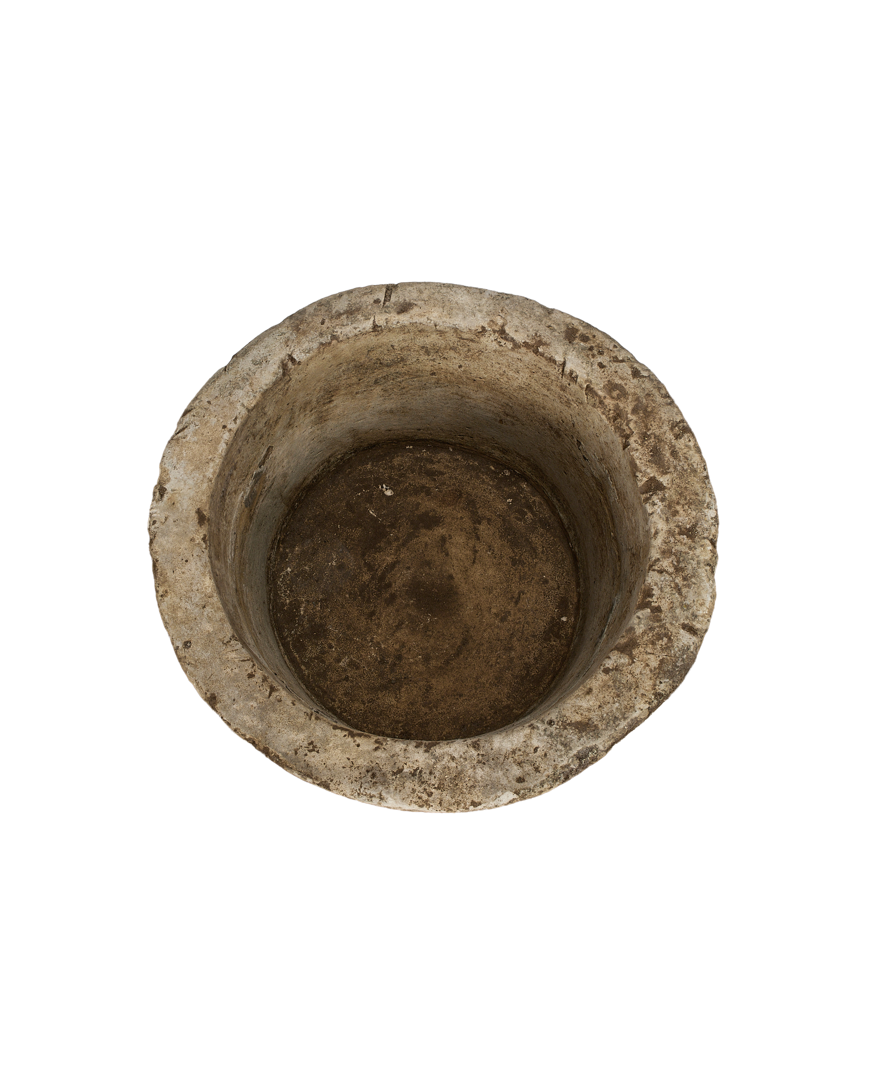 Vintage Indonesian limestone trough (OAK), overhead view showing round worn interior.