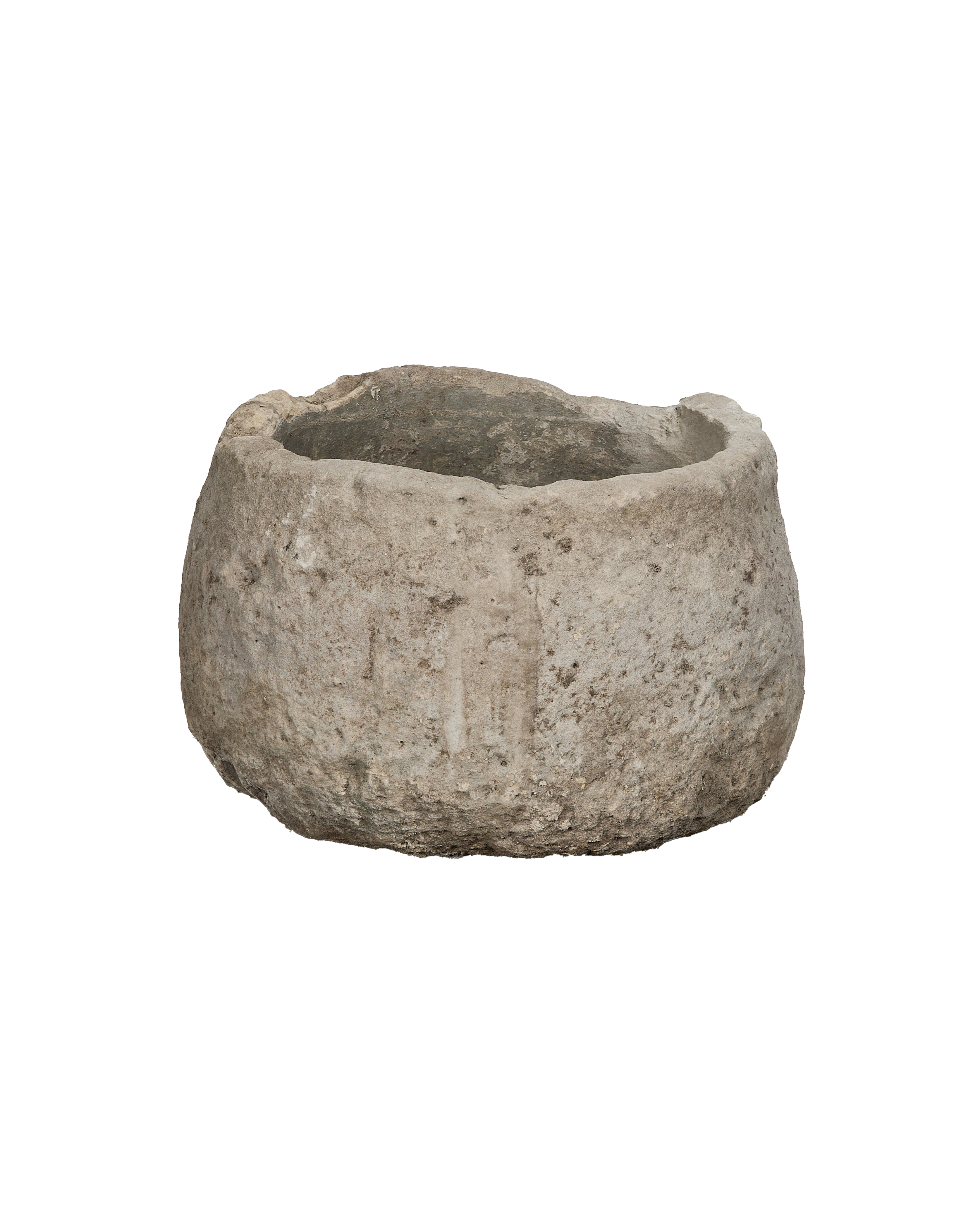 Vintage round limestone trough, earthy texture, weathered patina, from Indonesia.