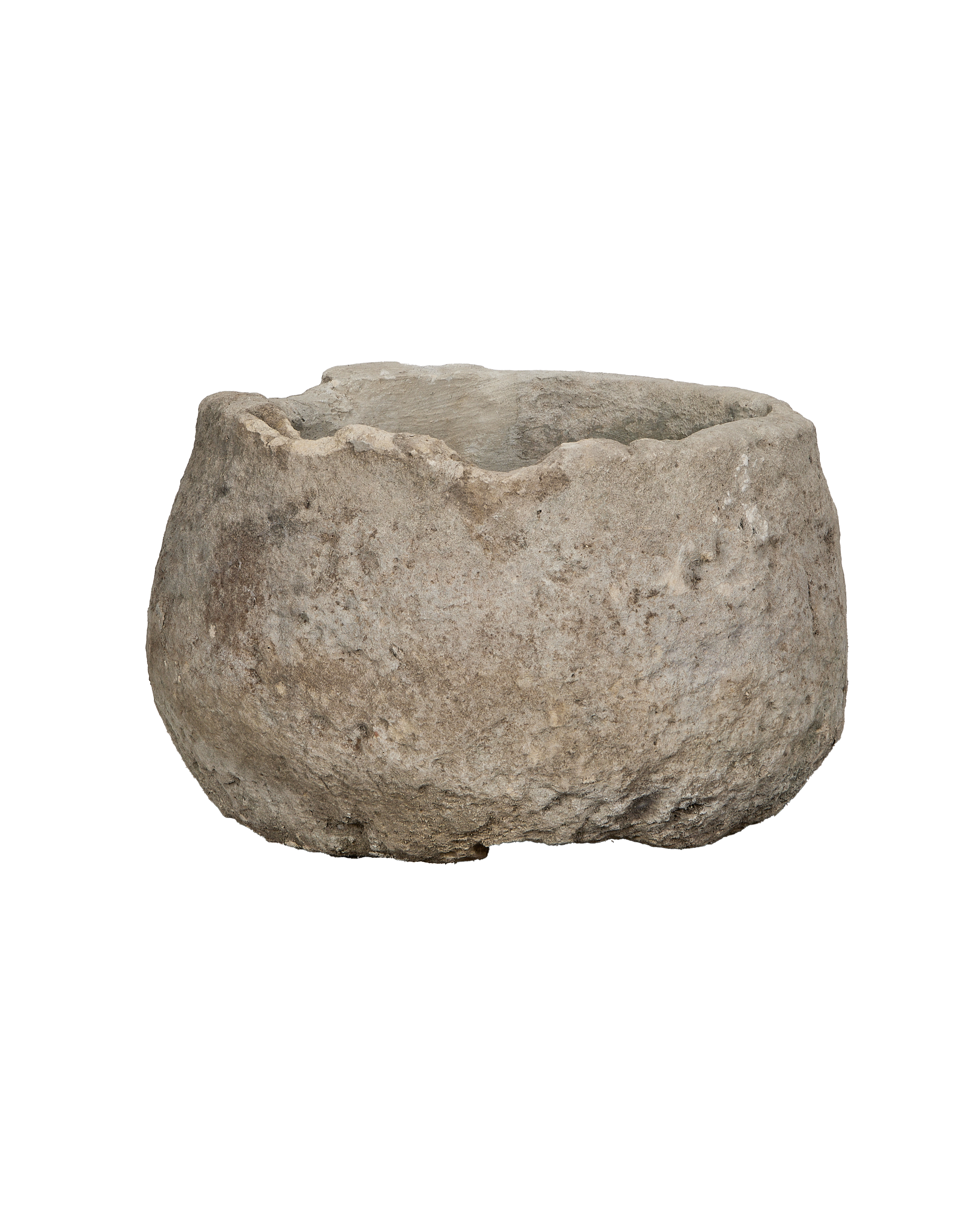 Vintage Indonesian round limestone trough, showing a wide, robust base and textured surface.
