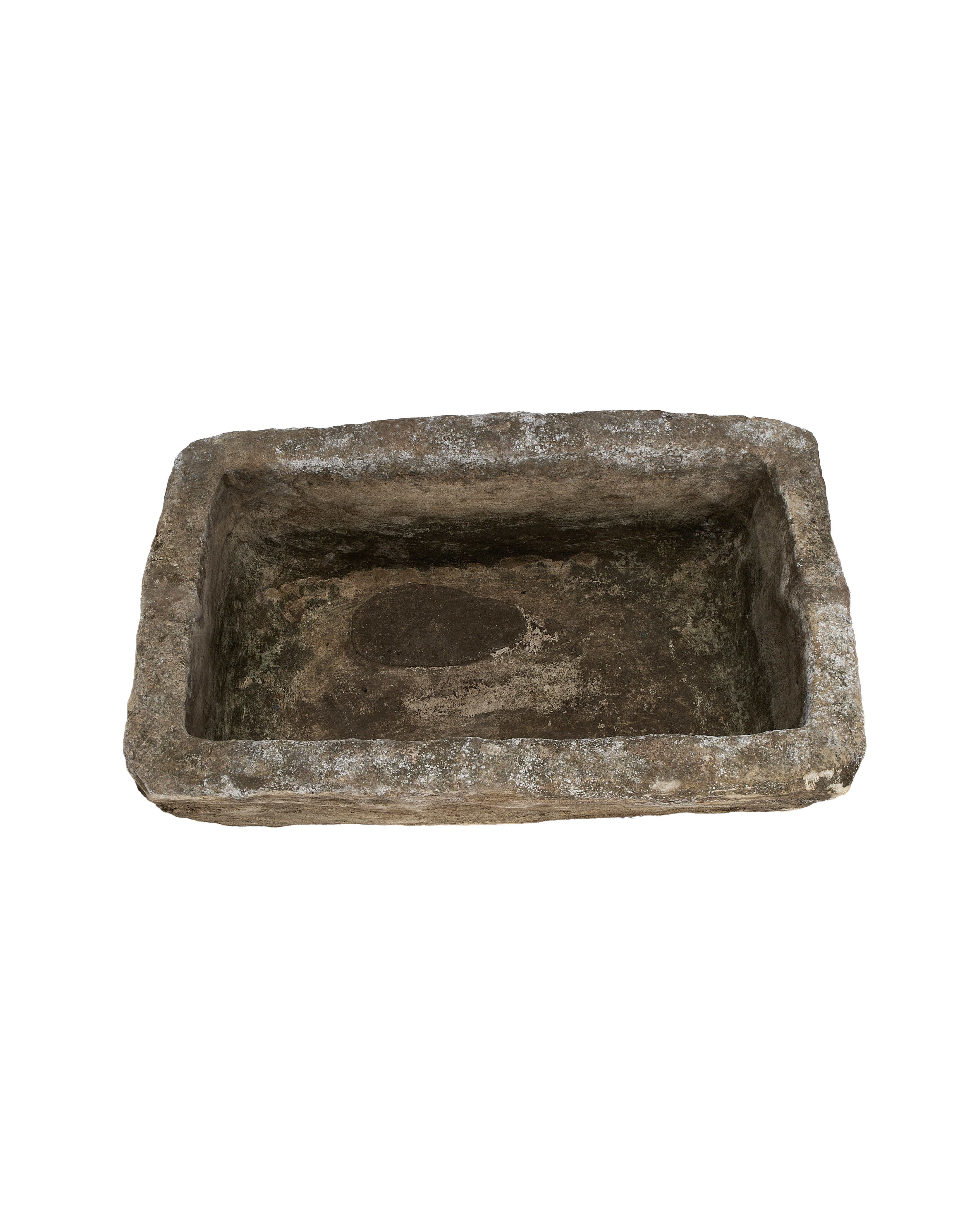 Vintage rectangular Indonesian limestone trough with weathered natural patina, top view.