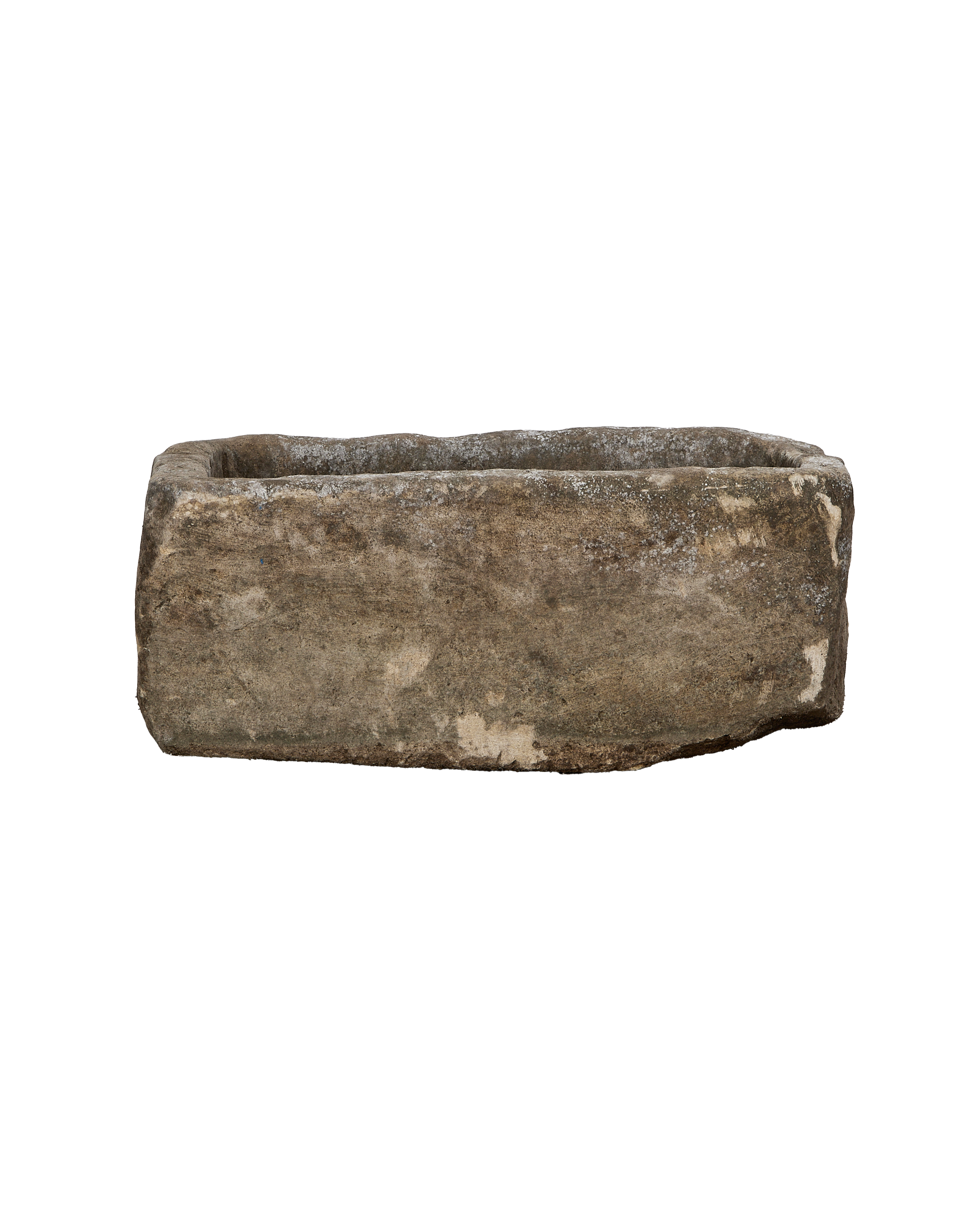 Vintage rectangular limestone trough, weathered gray, showcasing its unique texture and natural patina.