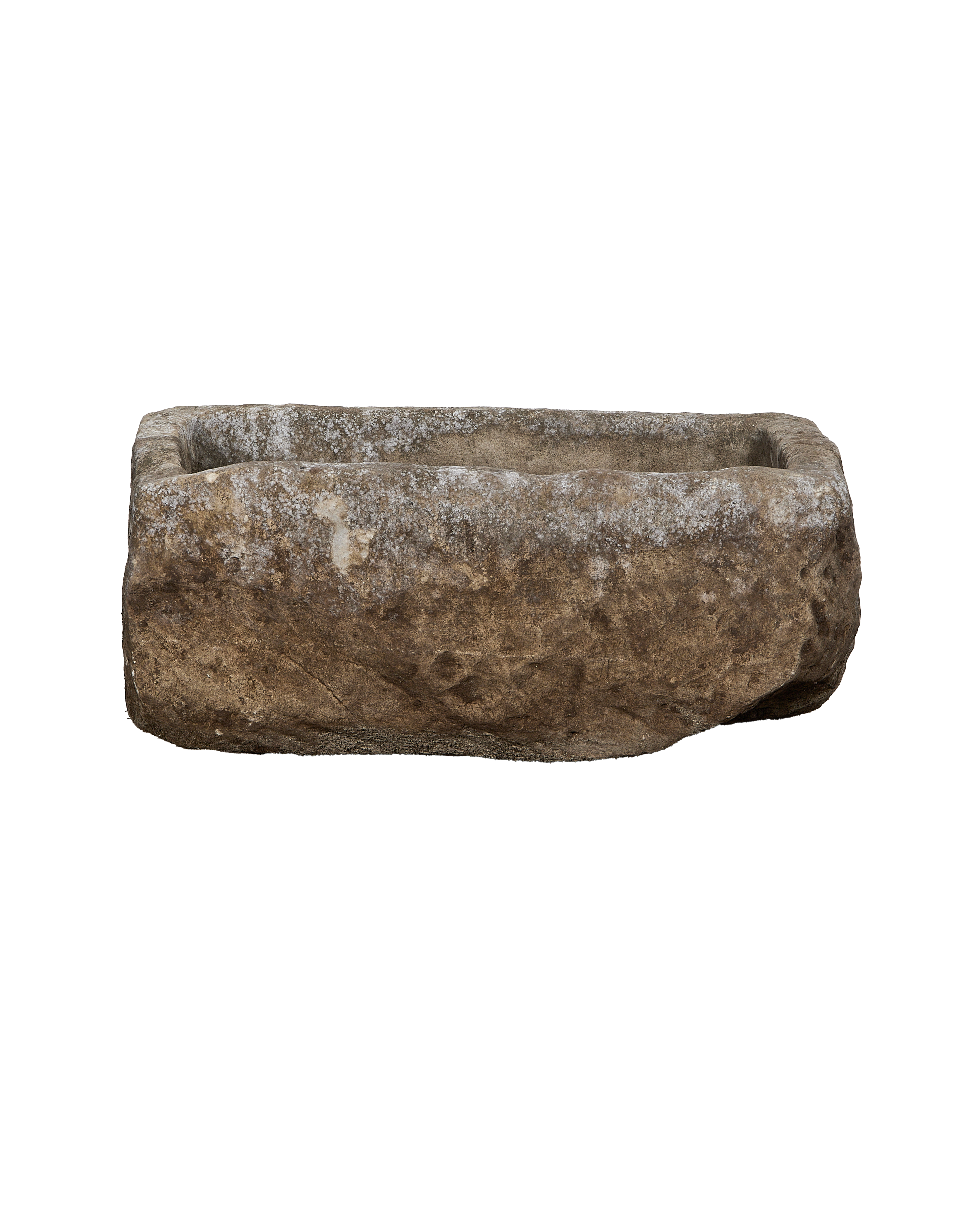 Vintage Indonesian Limestone Trough, showing textured gray exterior with weathered, rough-hewn stone surfaces.