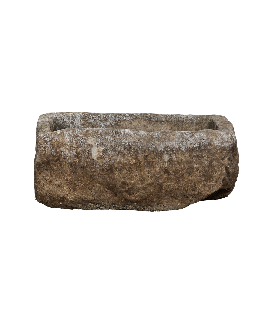 Vintage Indonesian Limestone Trough, showing textured gray exterior with weathered, rough-hewn stone surfaces.