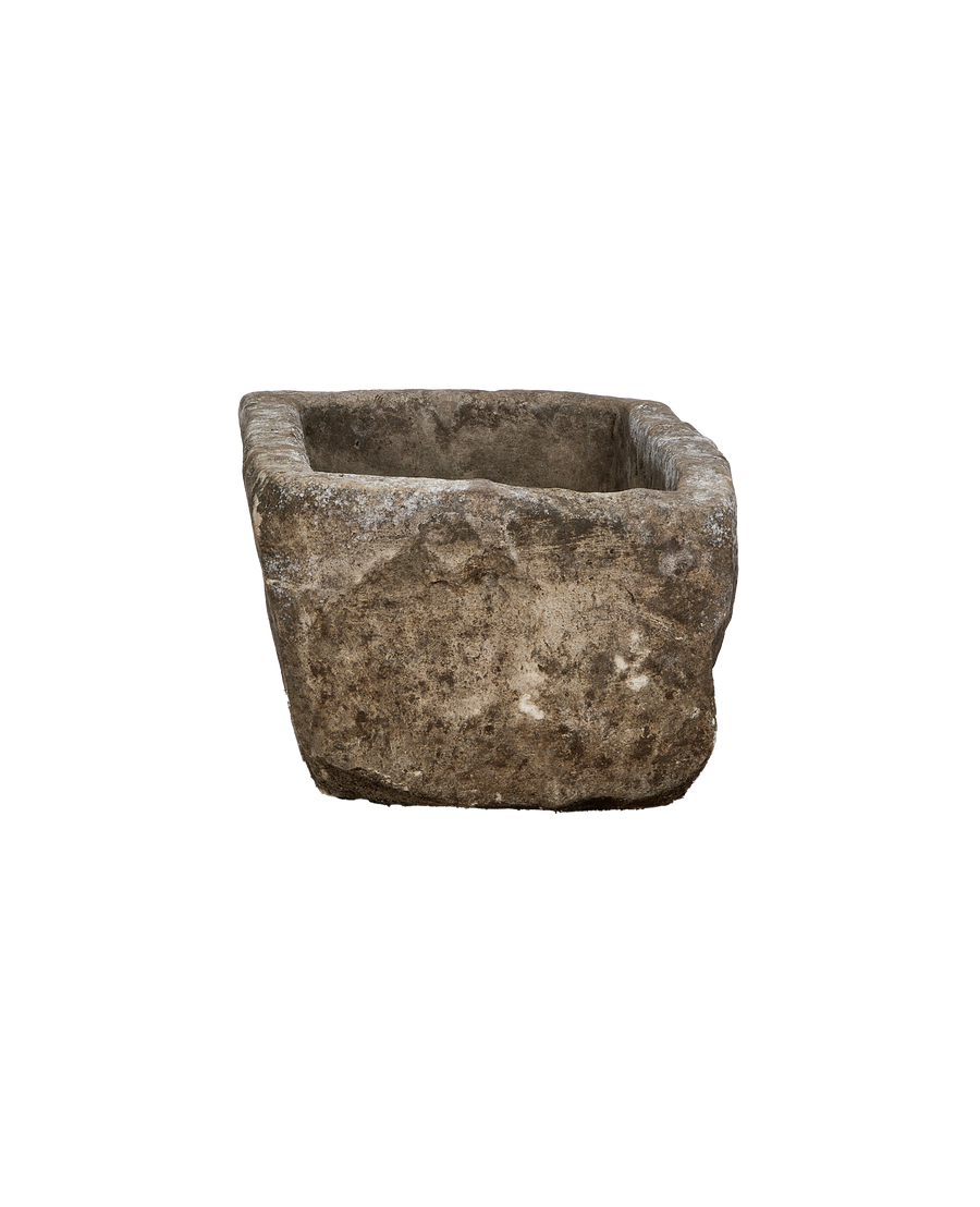 Vintage Indonesian limestone trough, OAK rectangle, displaying weathered texture and unique organic shape.