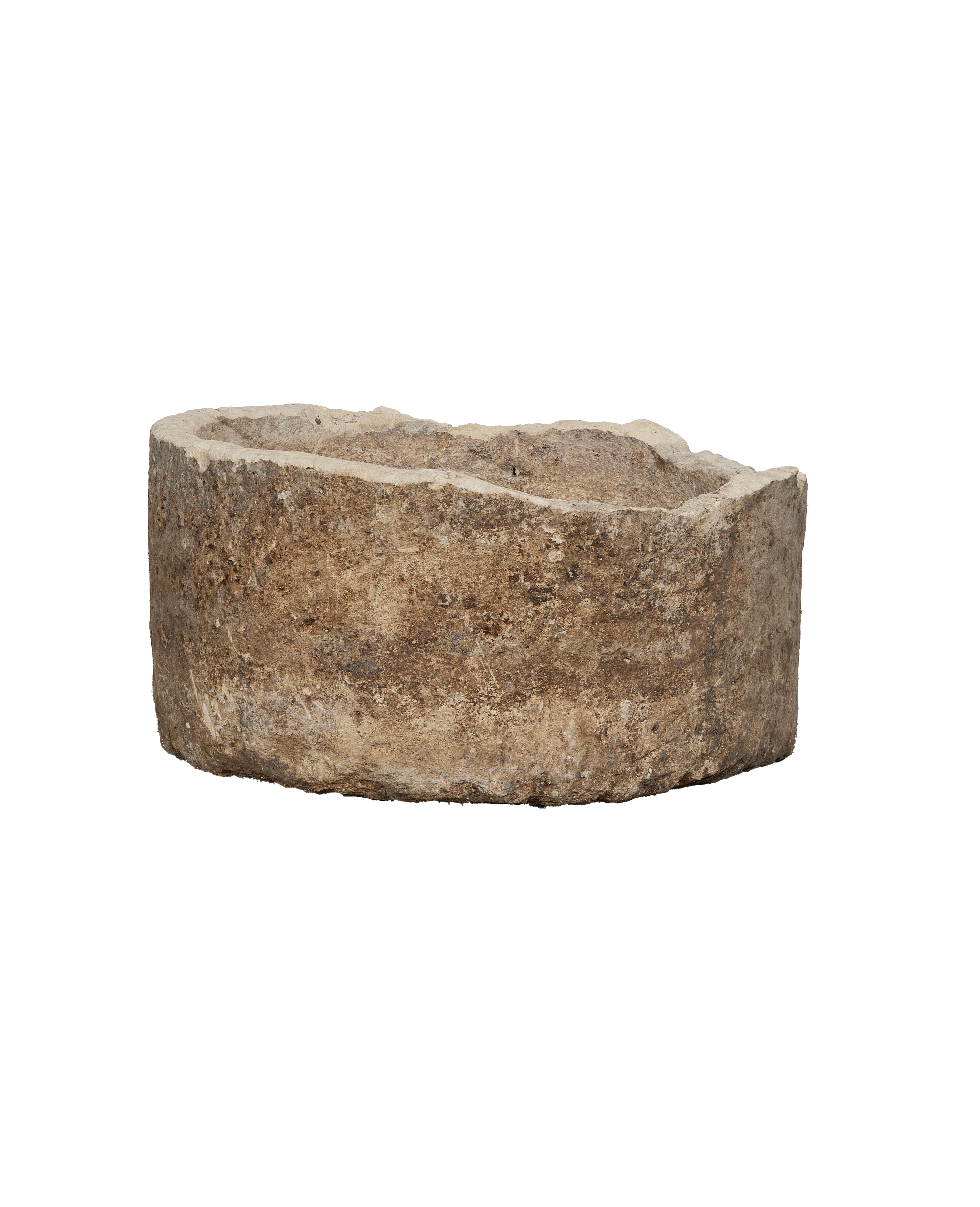 Vintage Indonesian limestone trough, round, showcasing natural rough texture and weathered finish.