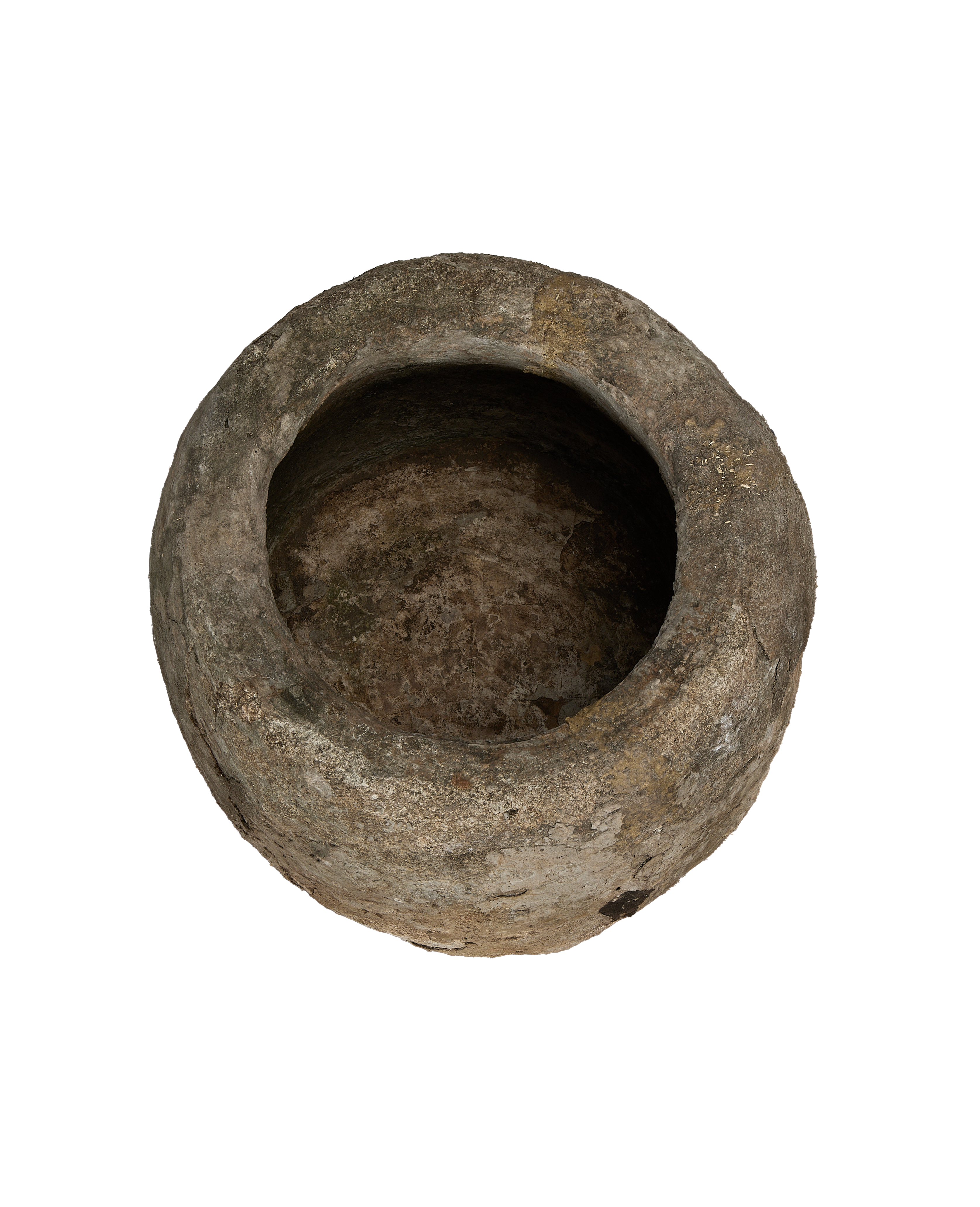 Vintage round limestone trough, top view showing weathered patina and deep interior.