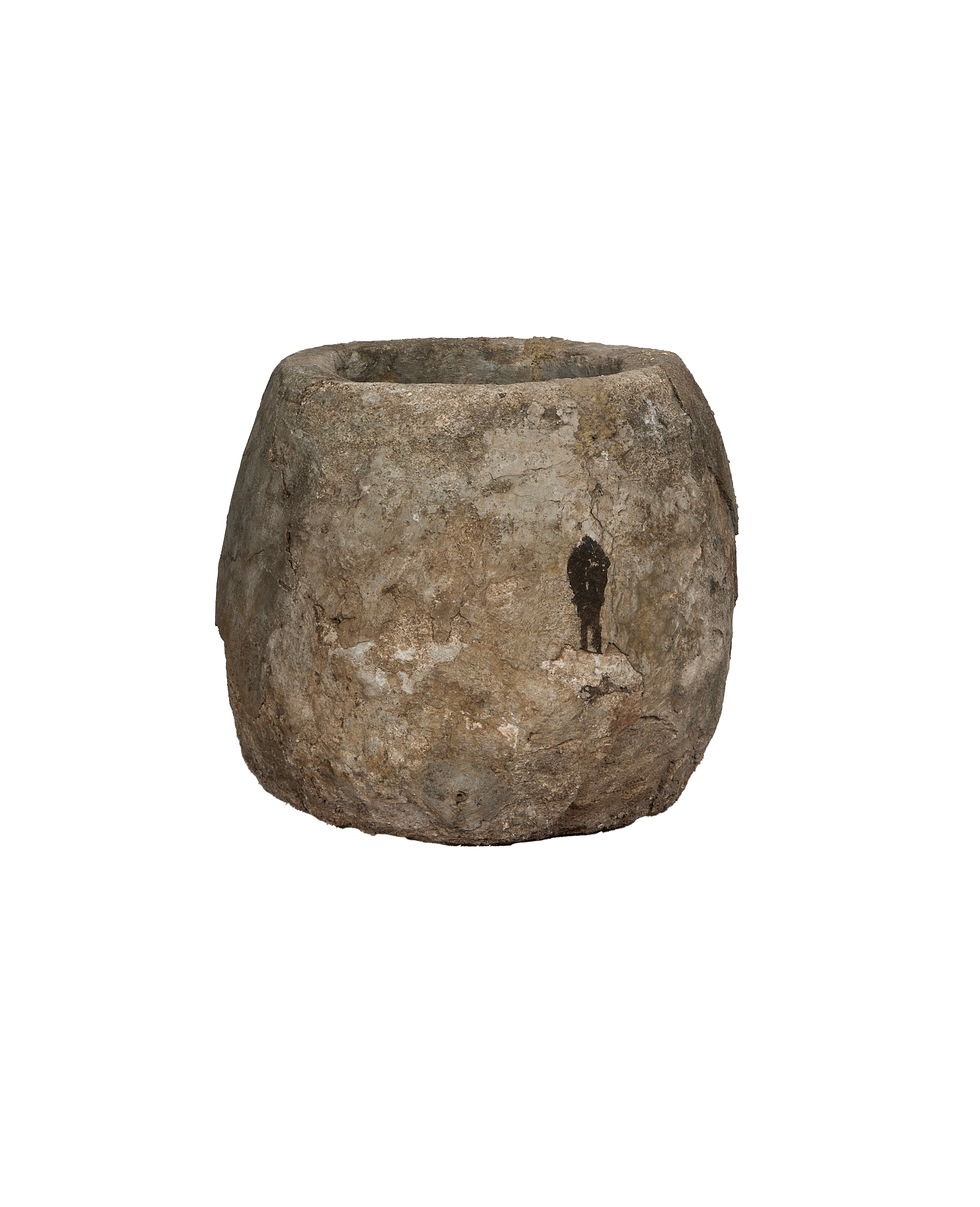 Vintage round limestone trough planter, Indonesian, with natural weathered texture and dark details.