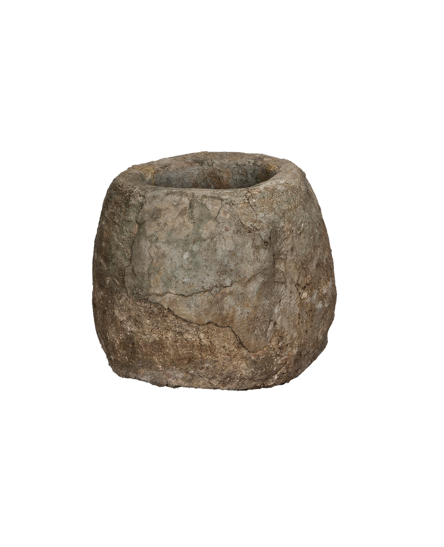 Vintage round limestone trough, showing weathered texture and natural imperfections from Indonesia.