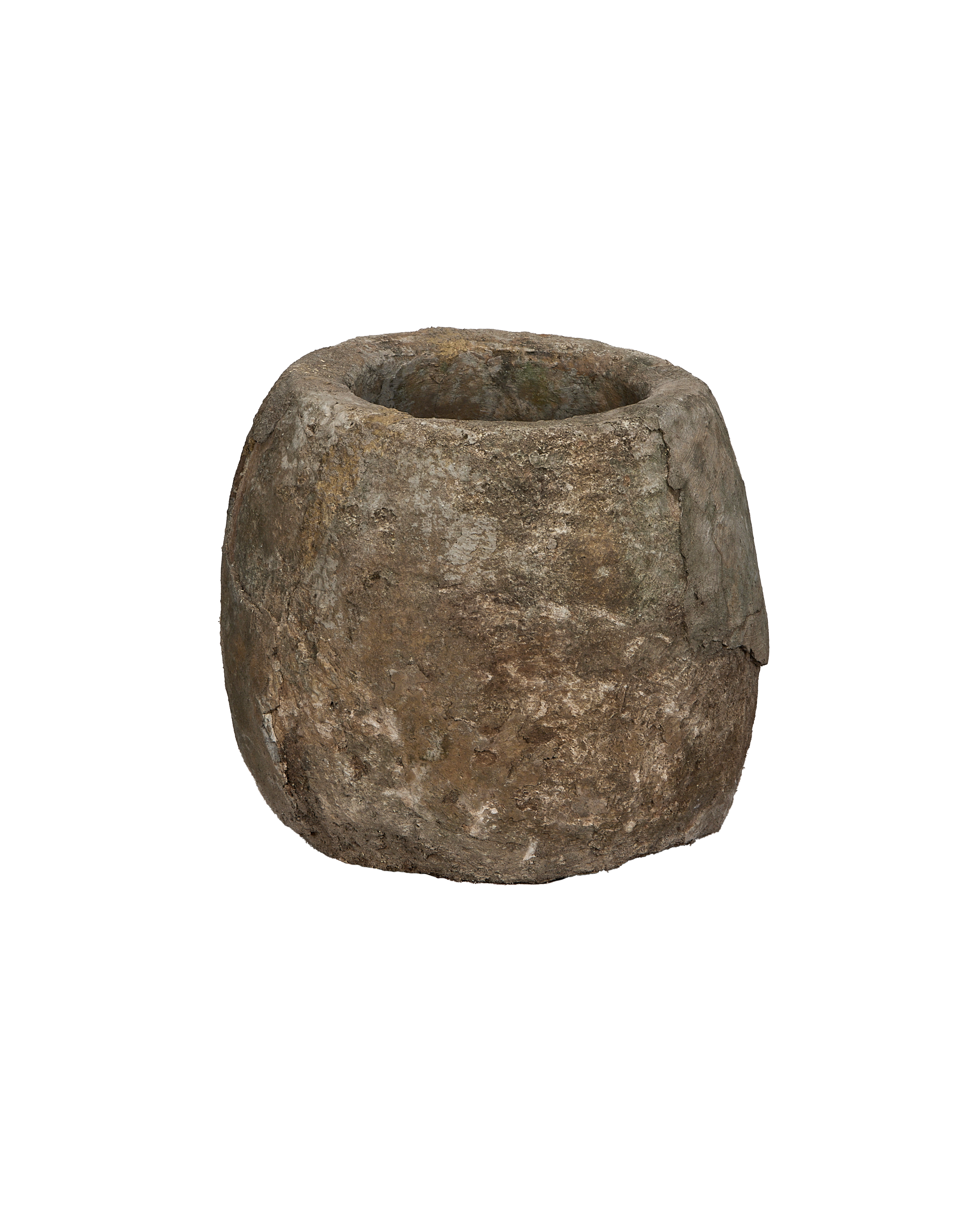 Vintage Indonesian round limestone trough, showing a close-up of its textured, weathered exterior.
