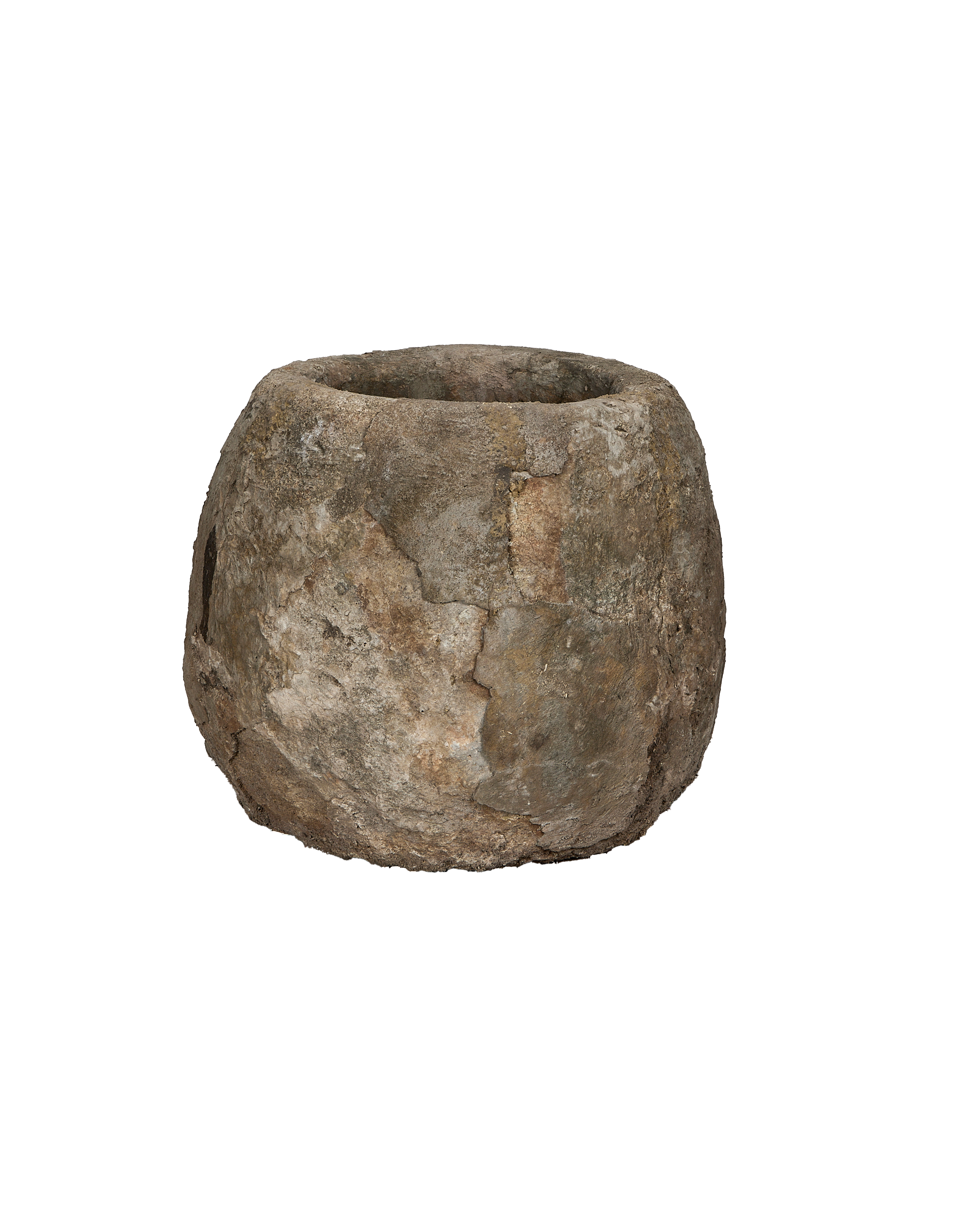 Round vintage Indonesian limestone trough with textured, weathered surface and subtle cracks.