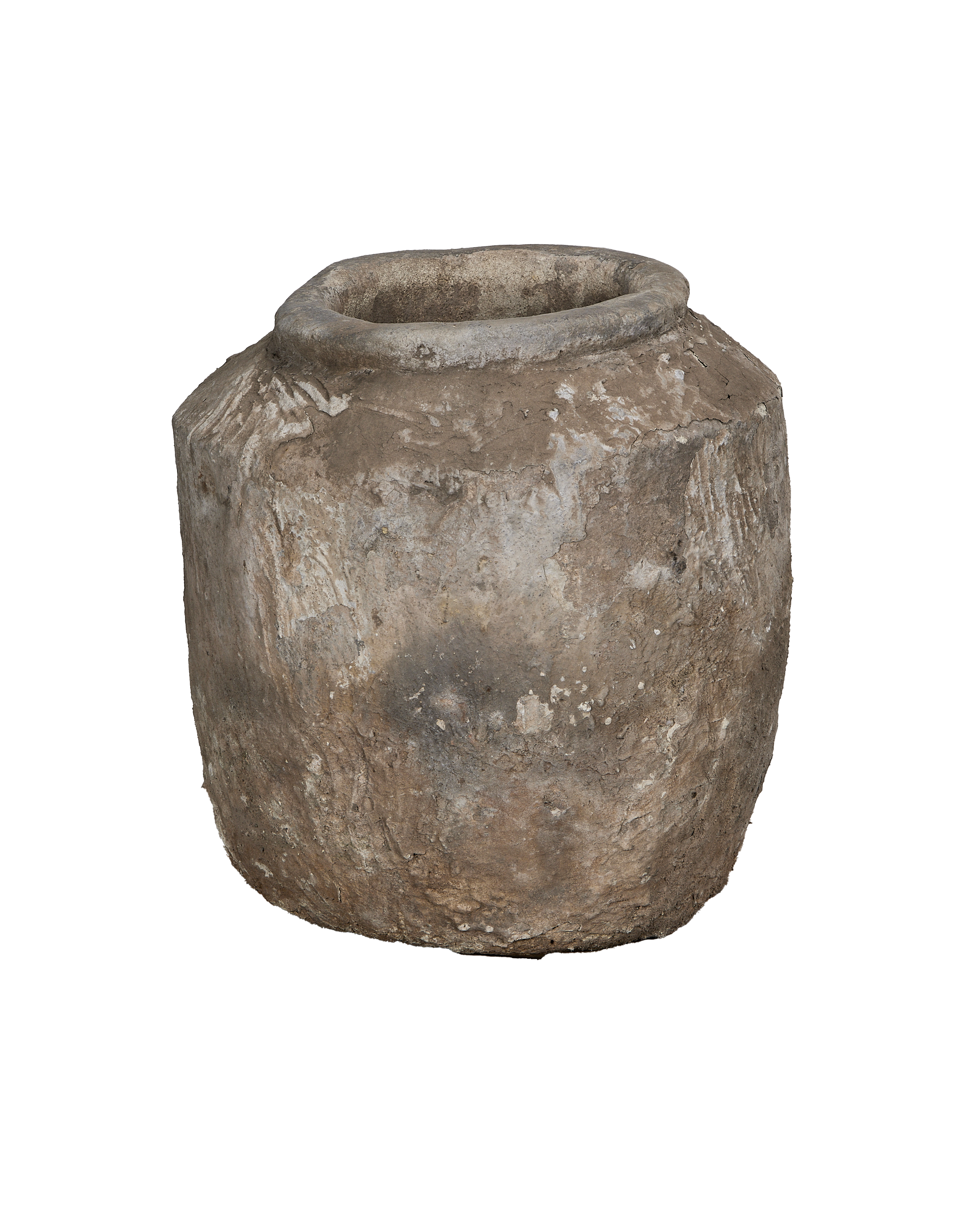 Vintage Indonesian limestone pot with weathered texture, showing varied surface patinas.