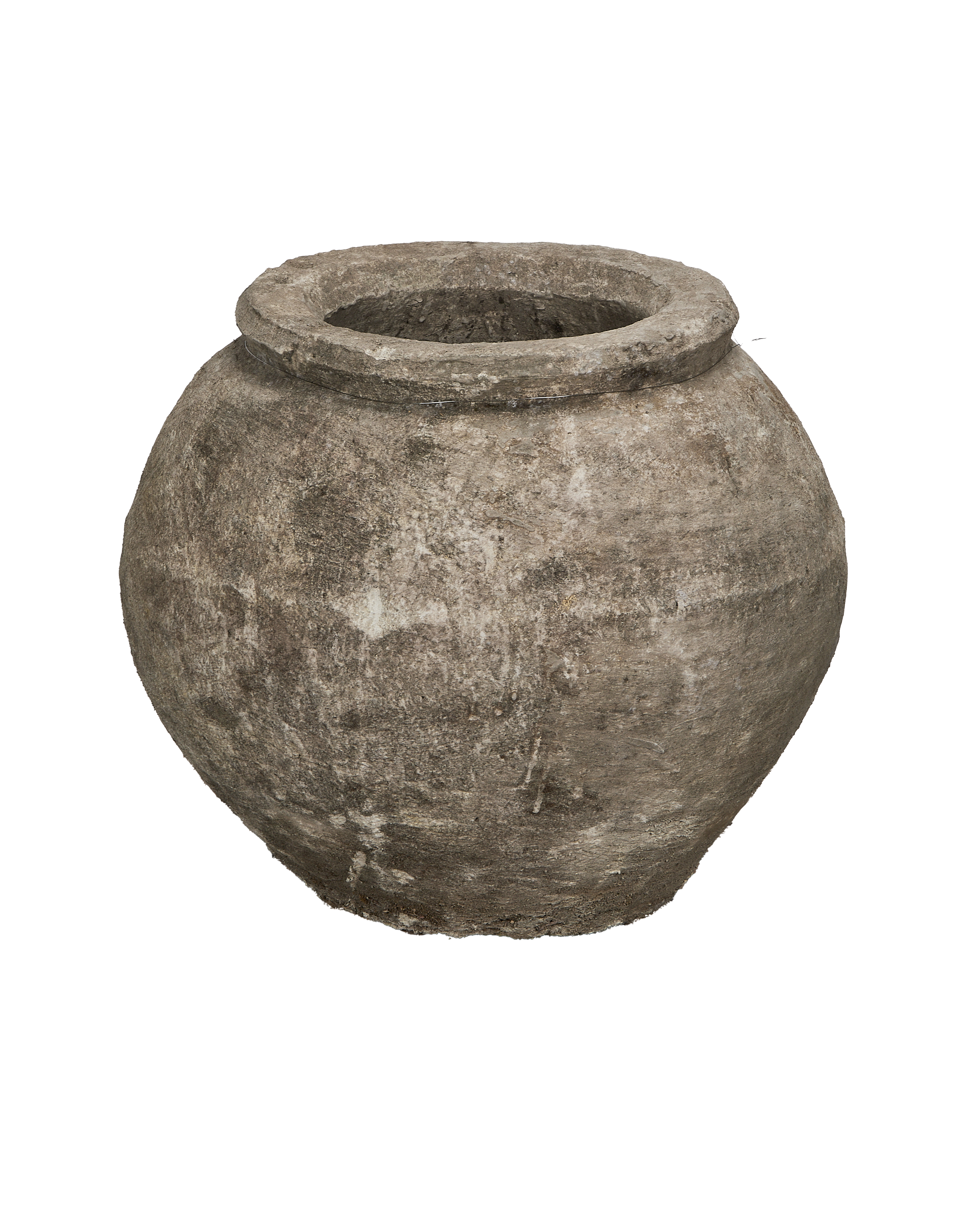 Vintage Indonesian limestone pot, showing its textured surface and overall rustic condition.