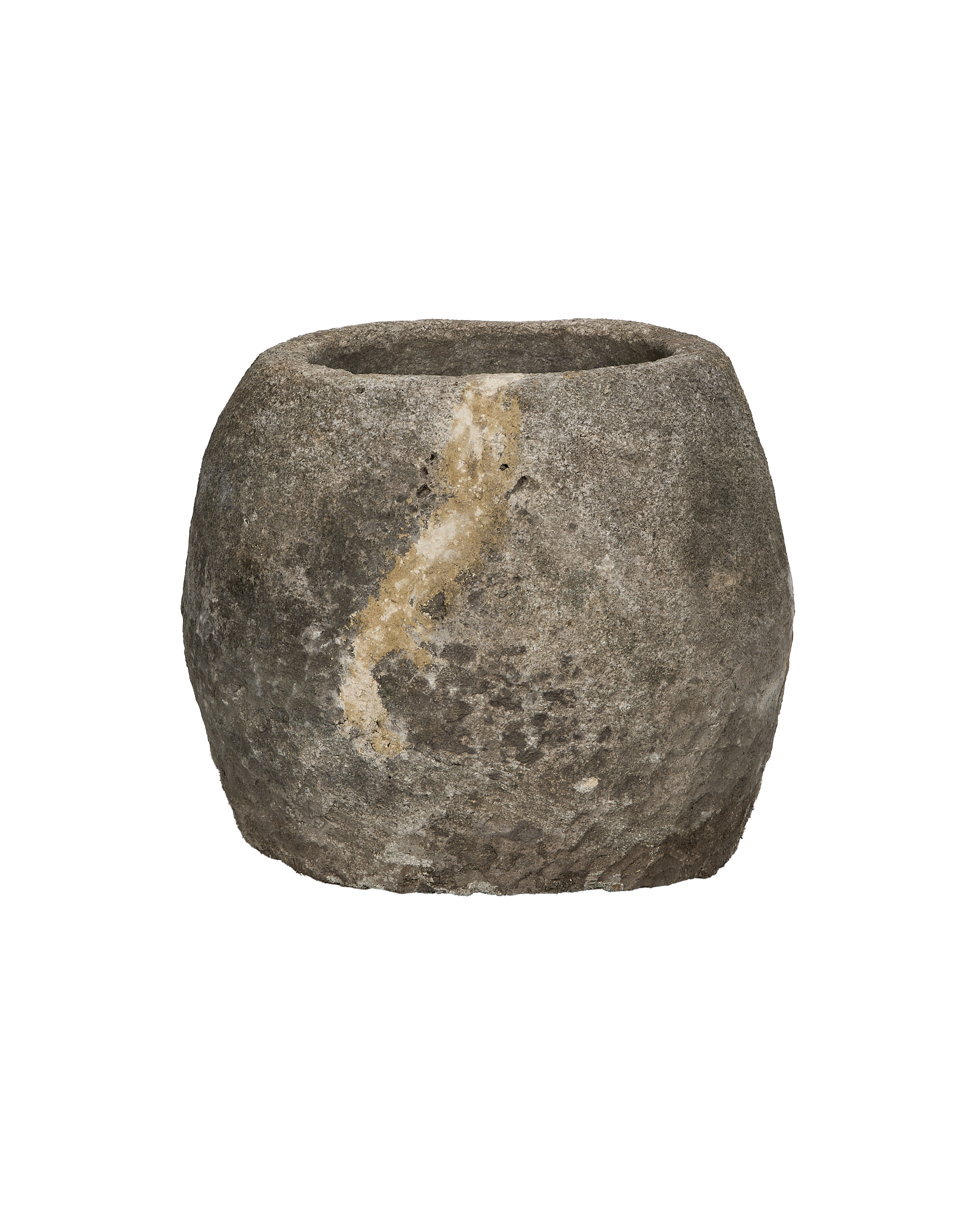 Vintage Indonesian round limestone trough, naturally weathered with visible golden and white mineral deposits.