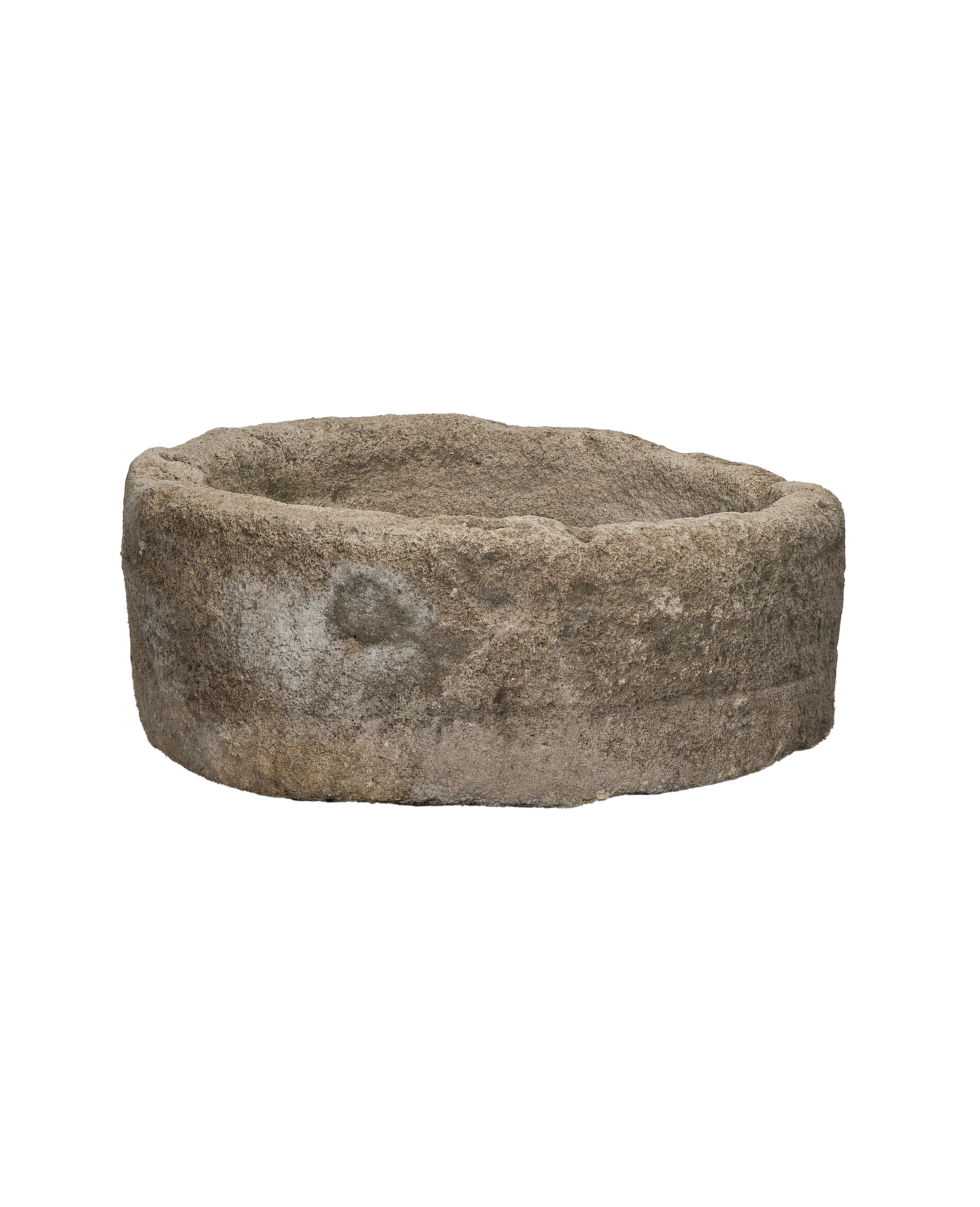 Vintage round Indonesian limestone trough, weathered finish, perfect for garden or fountain.