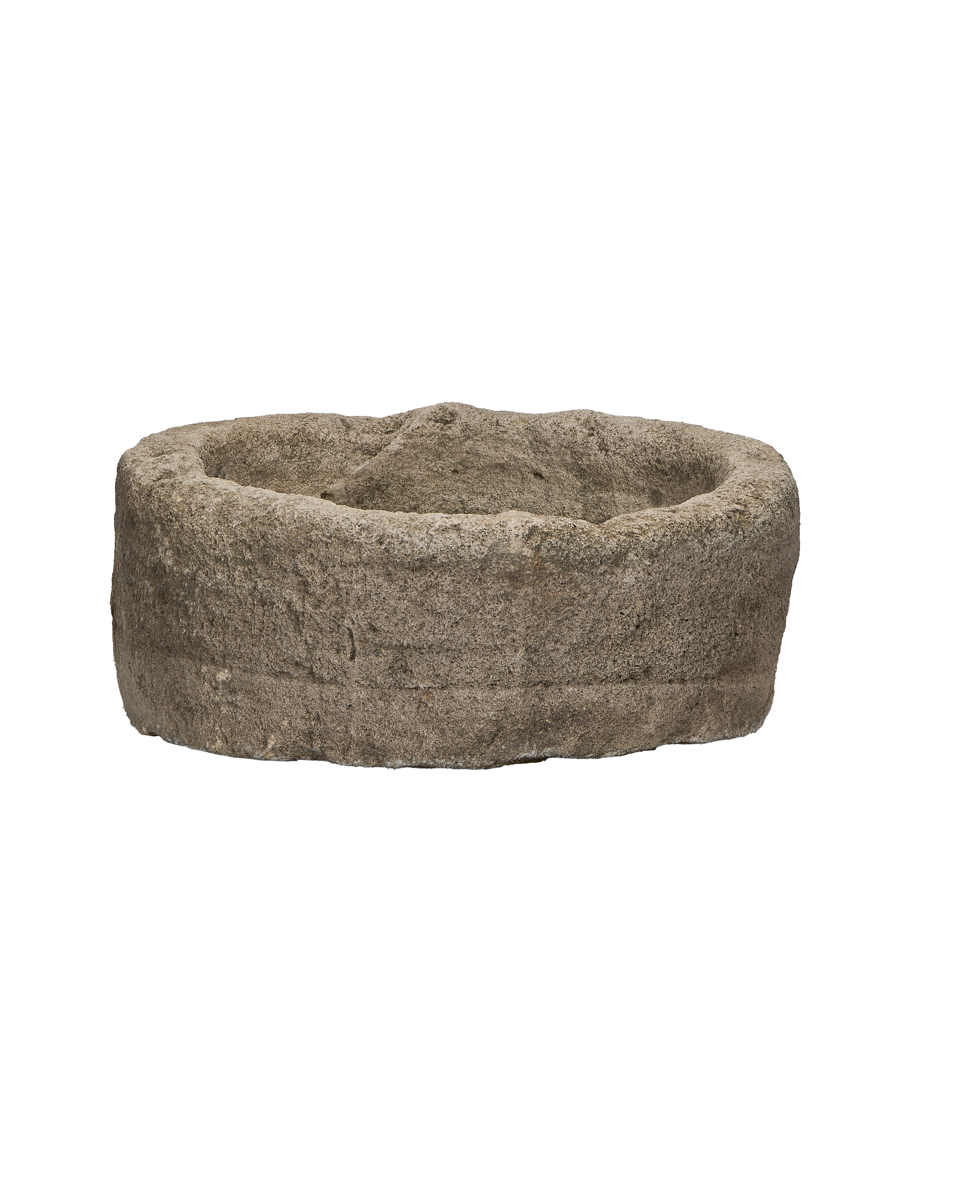 Vintage Indonesian limestone trough, round, showing detailed rough finish and aged texture.