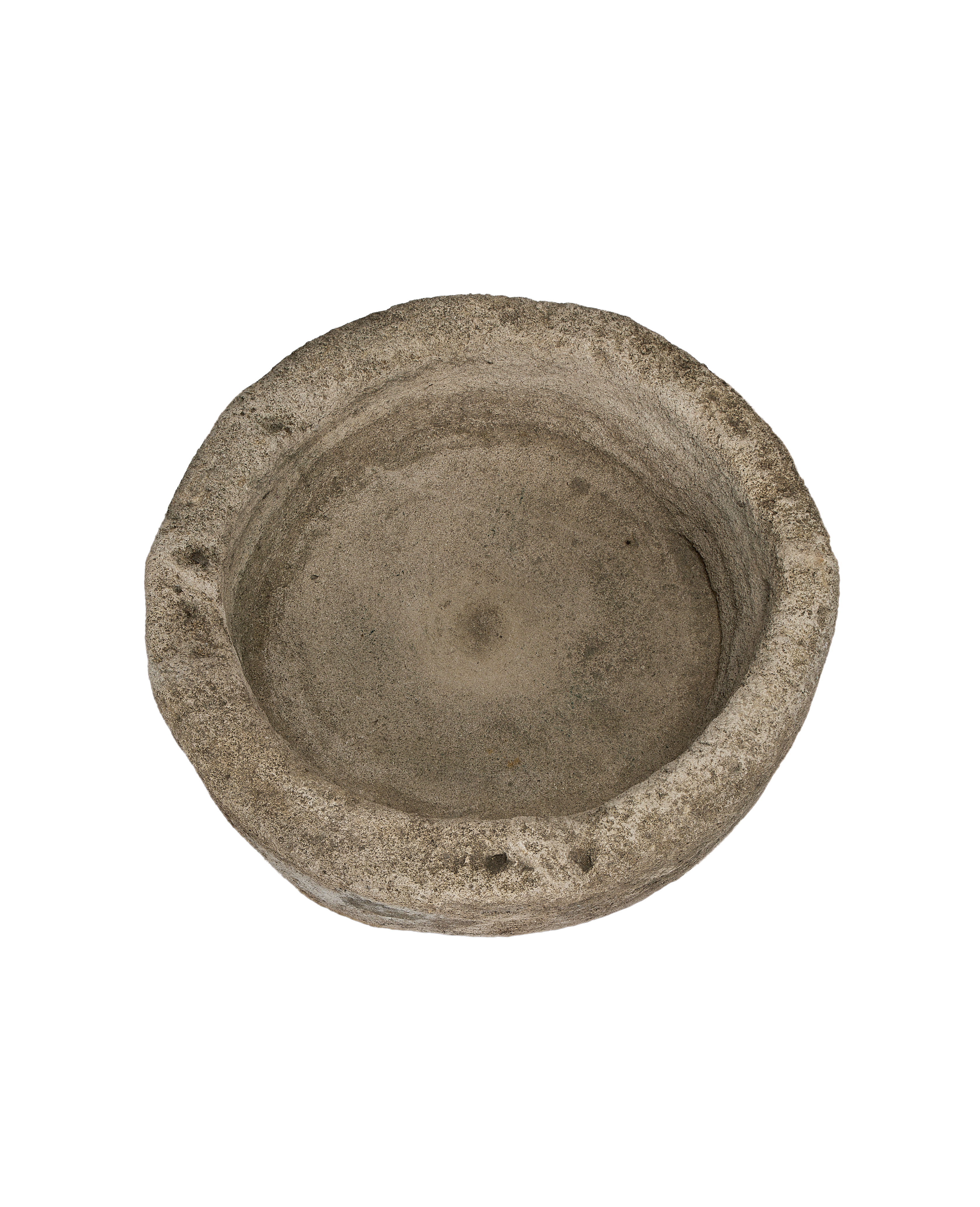 Round vintage Indonesian limestone trough with visibly aged, weathered OAK-like surface texture.