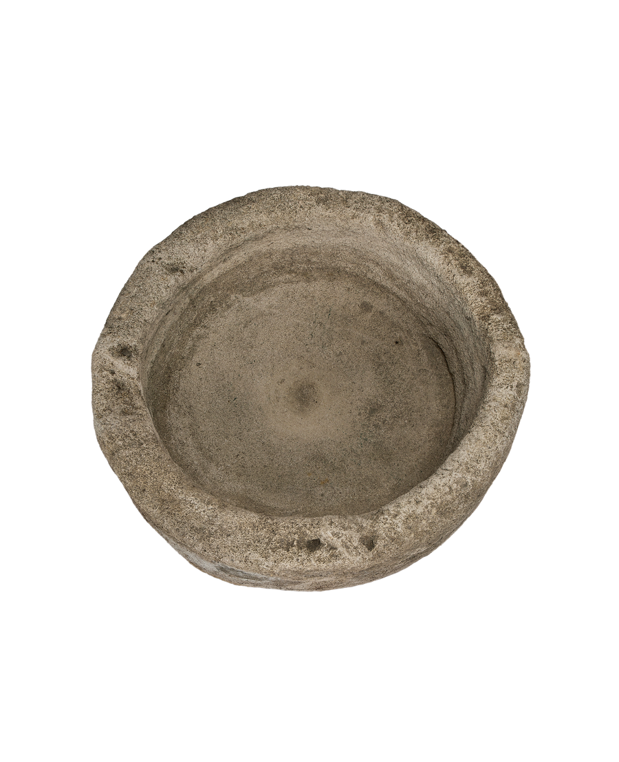 Round vintage Indonesian limestone trough with visibly aged, weathered OAK-like surface texture.