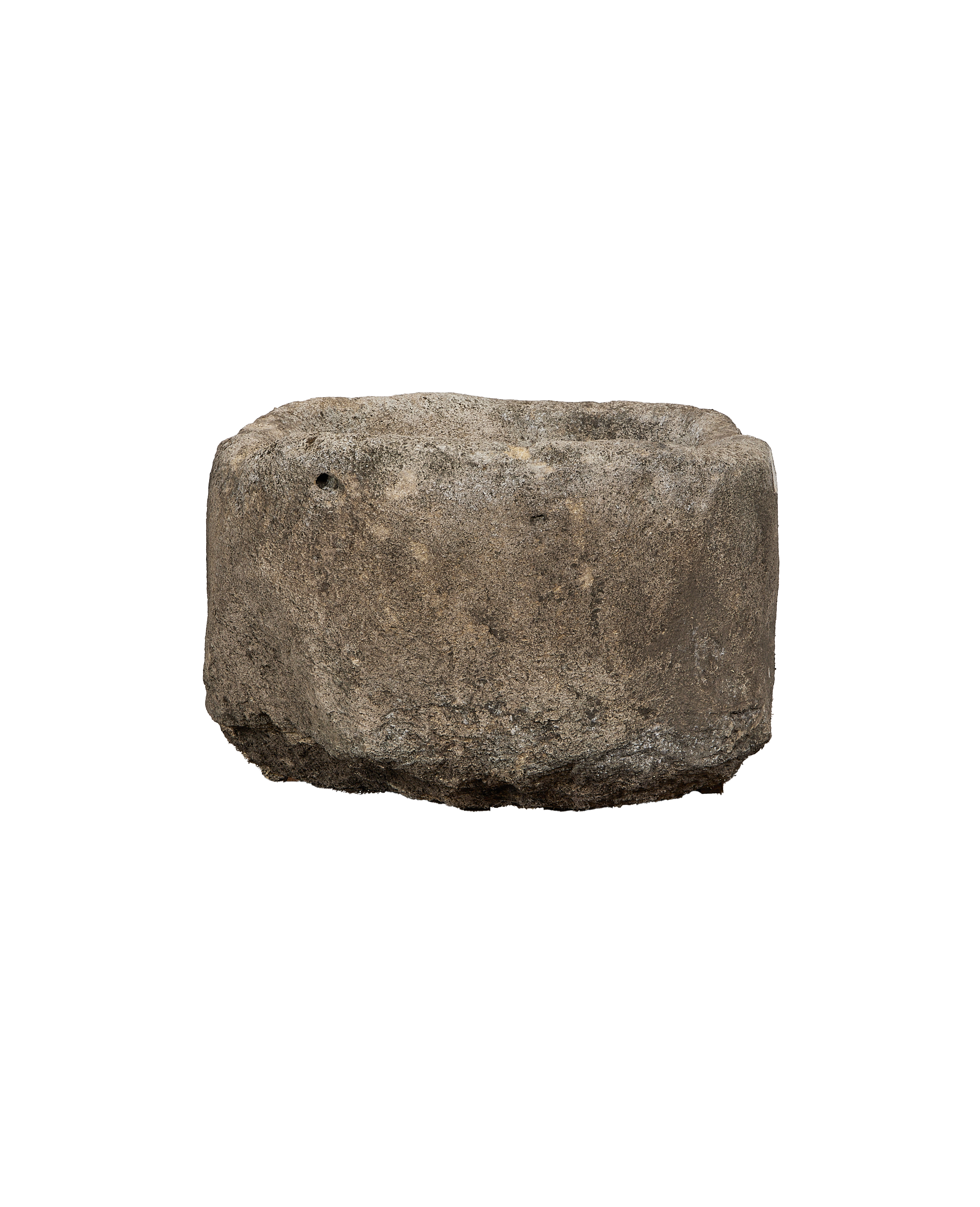 Vintage limestone oblong trough, side profile, weathered texture, natural chips, and aged surface patina.