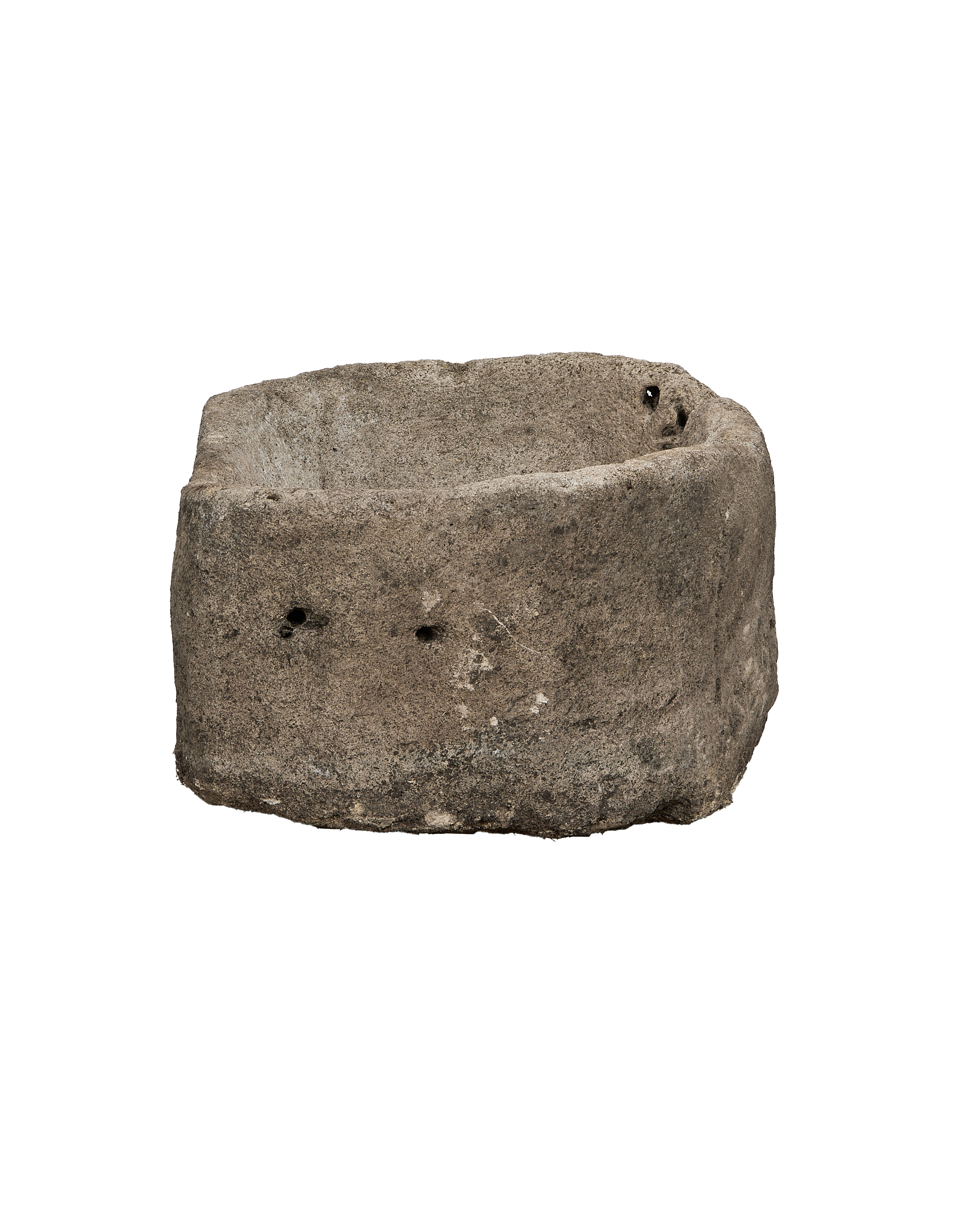 Vintage Indonesian limestone trough, top view shows weathered interior with textured surface.