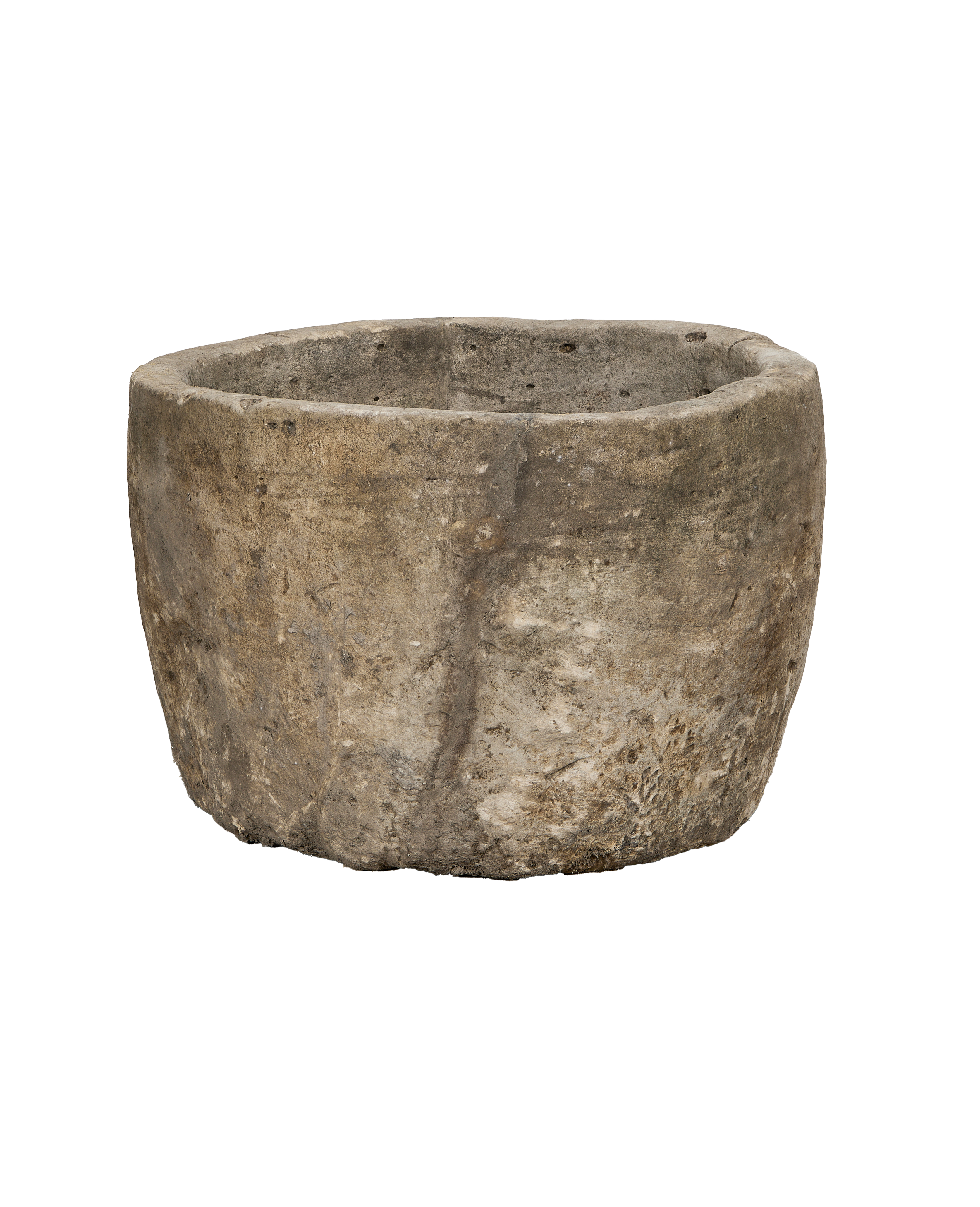 Vintage Indonesian round limestone trough, showcasing textured exterior with natural wear.