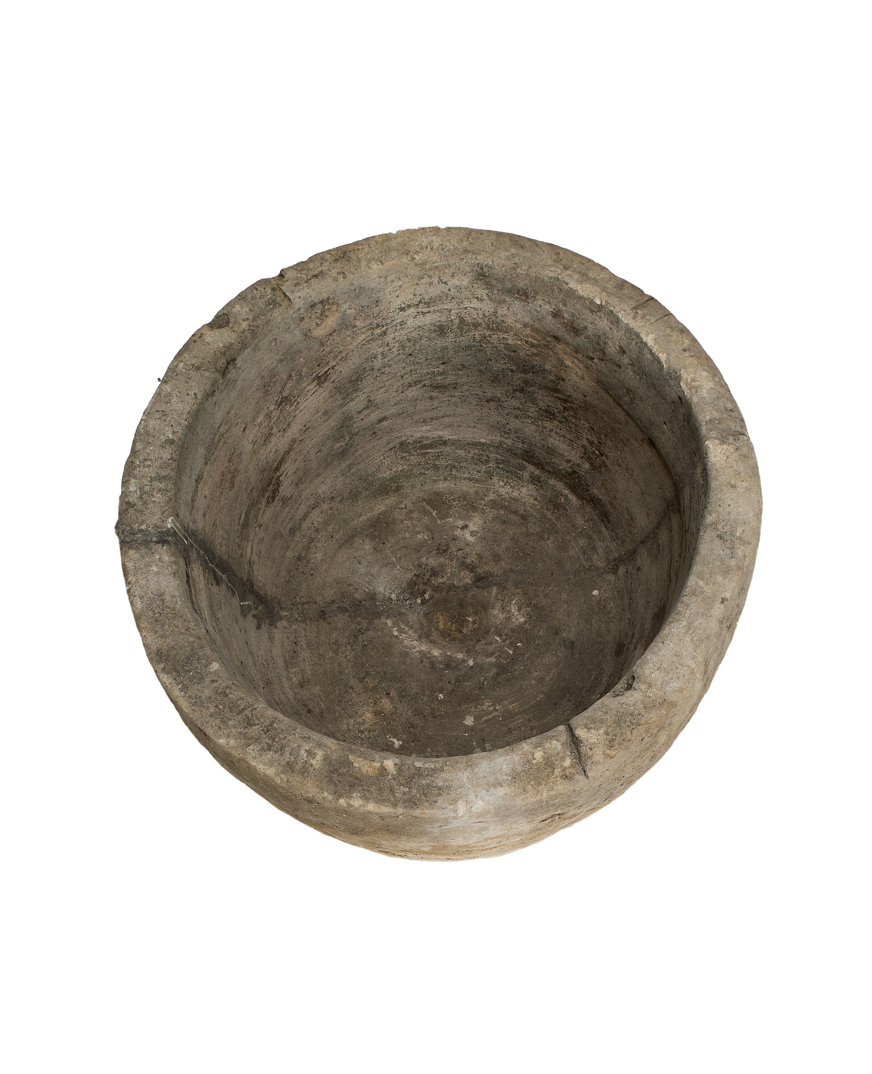 Vintage Indonesian round limestone trough, rich interior texture, weathered, full overhead view.