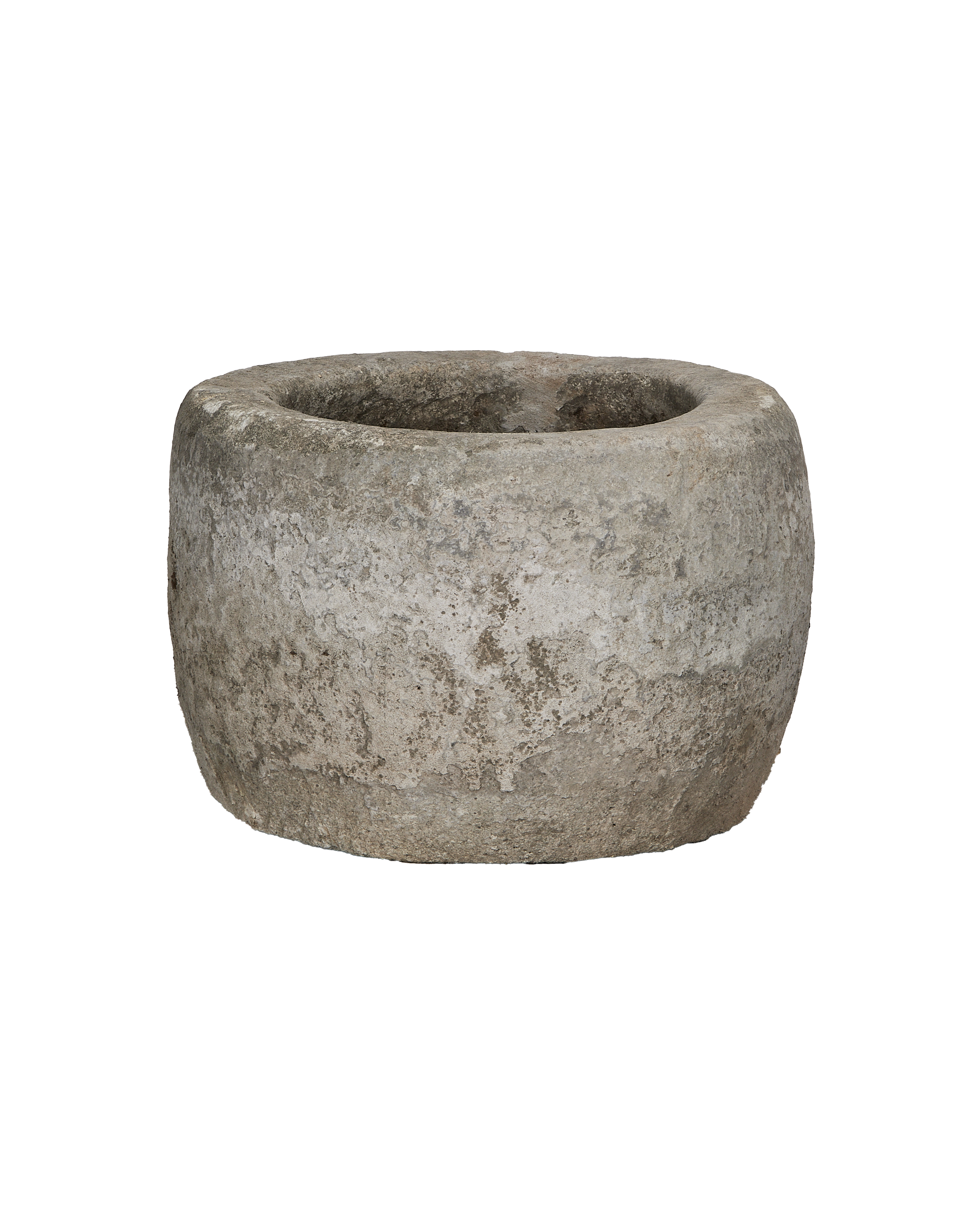 Vintage round Indiana limestone trough, weathered OAK finish, perfect for garden decor.