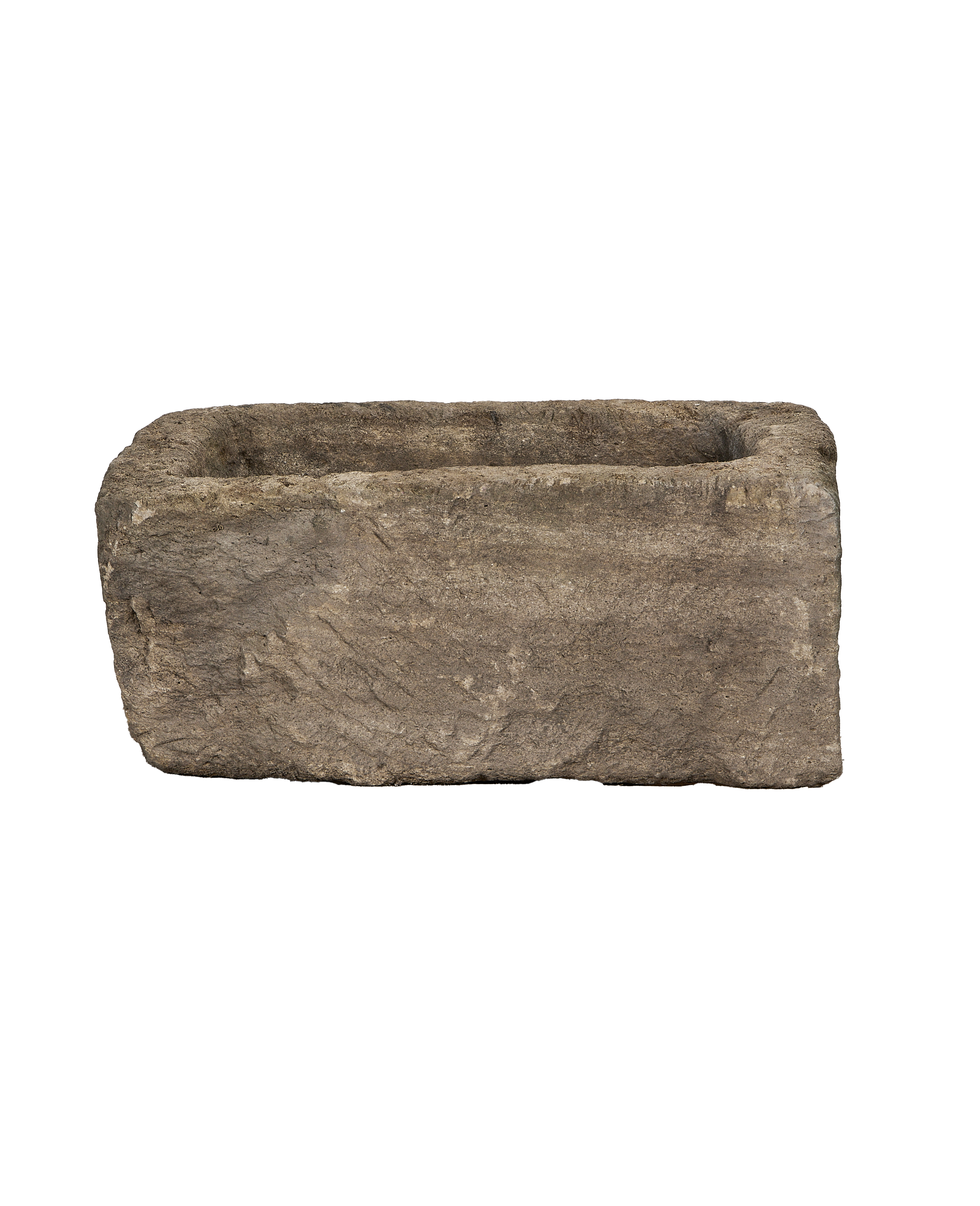 Vintage rectangular limestone trough, weathered gray texture, wide opening, Indonesian origin.