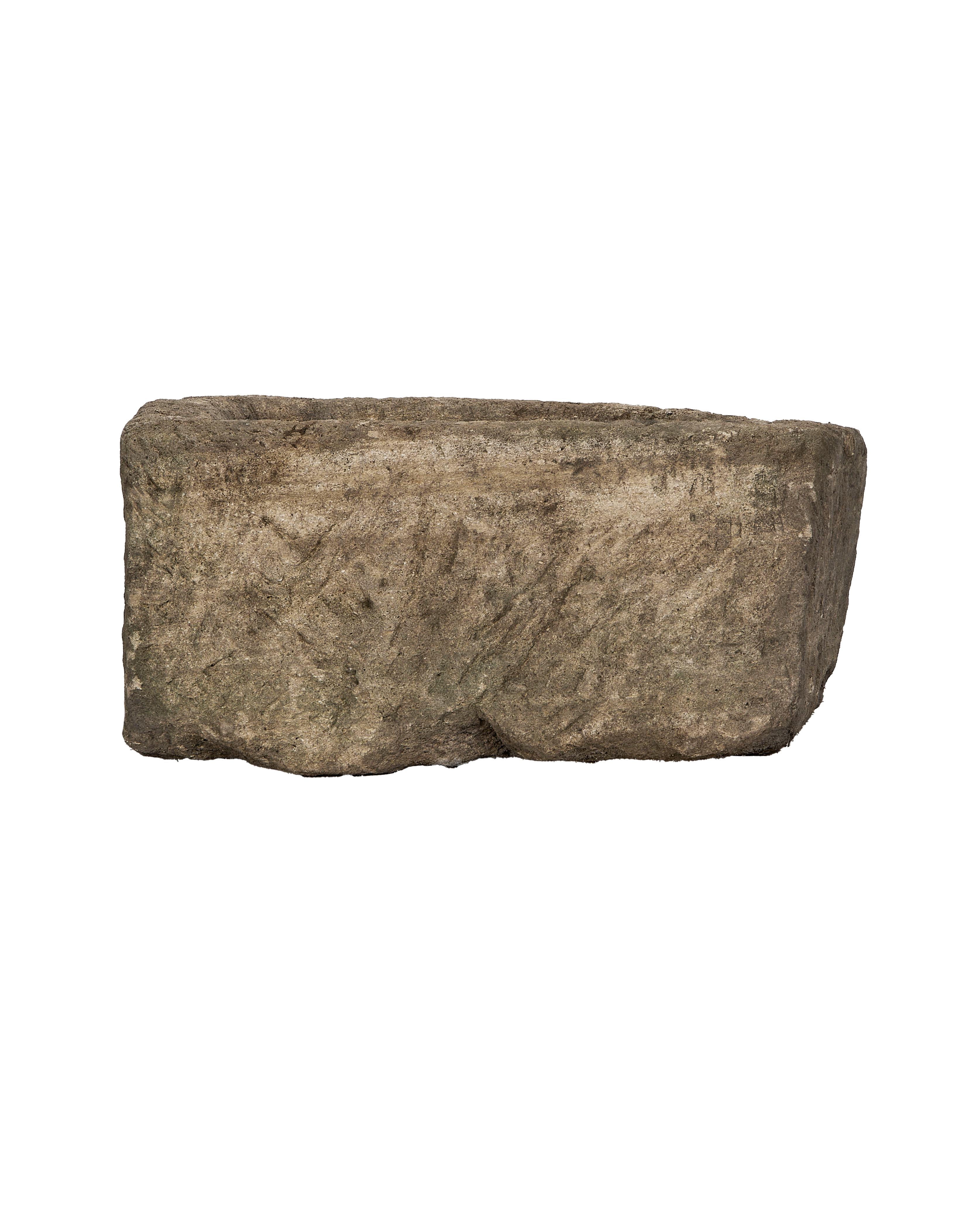 Vintage Indonesian rectangular limestone trough showing texture, rough-hewn exterior, and weathered OAK finish.