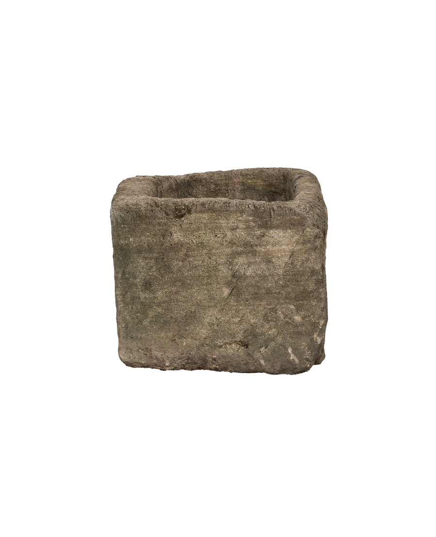 Vintage Indonesian limestone rectangular trough, weathered texture showing rough-hewn exterior side.