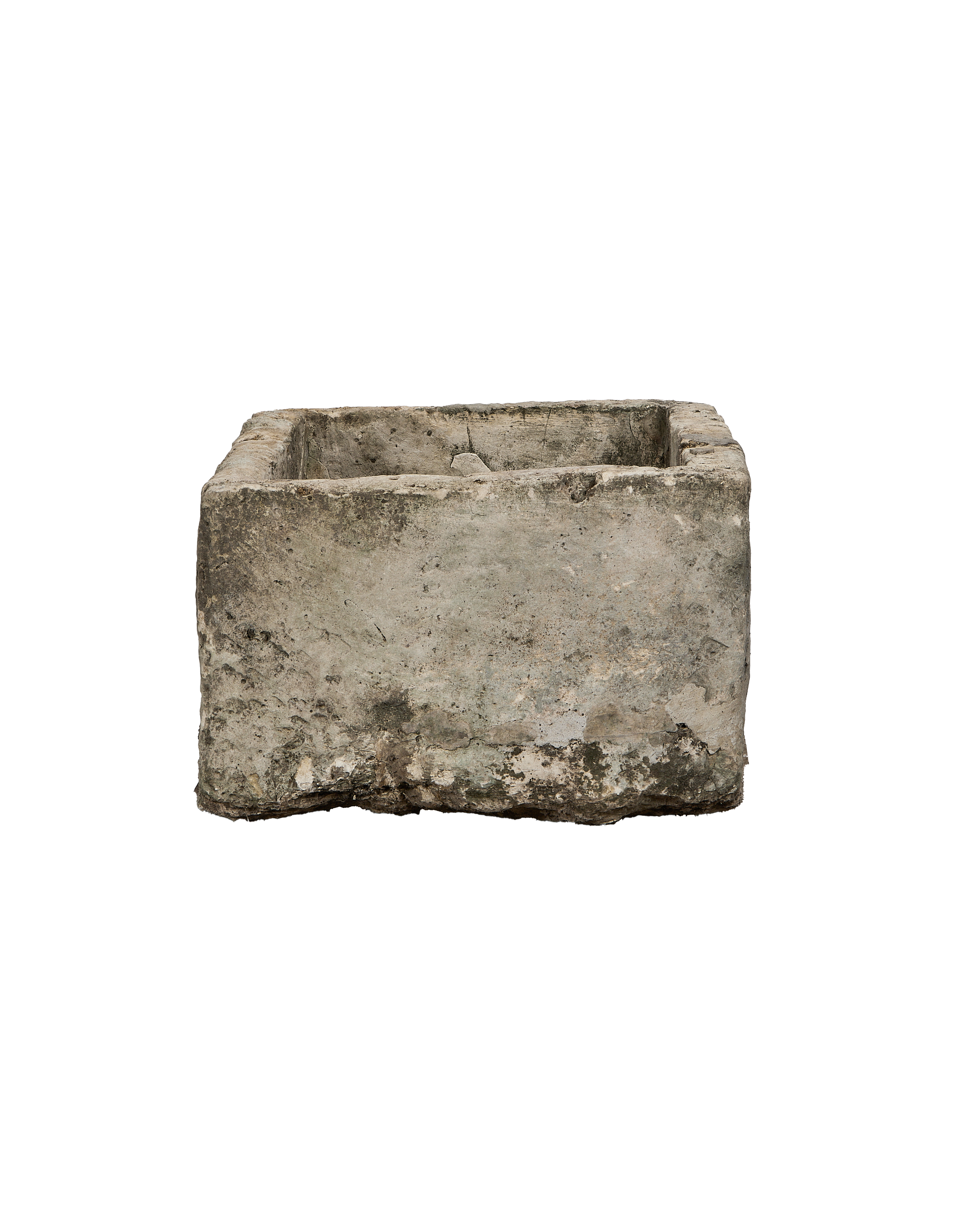 Vintage Indonesian limestone trough, showing a rugged, weathered grey finish and chipped edges.