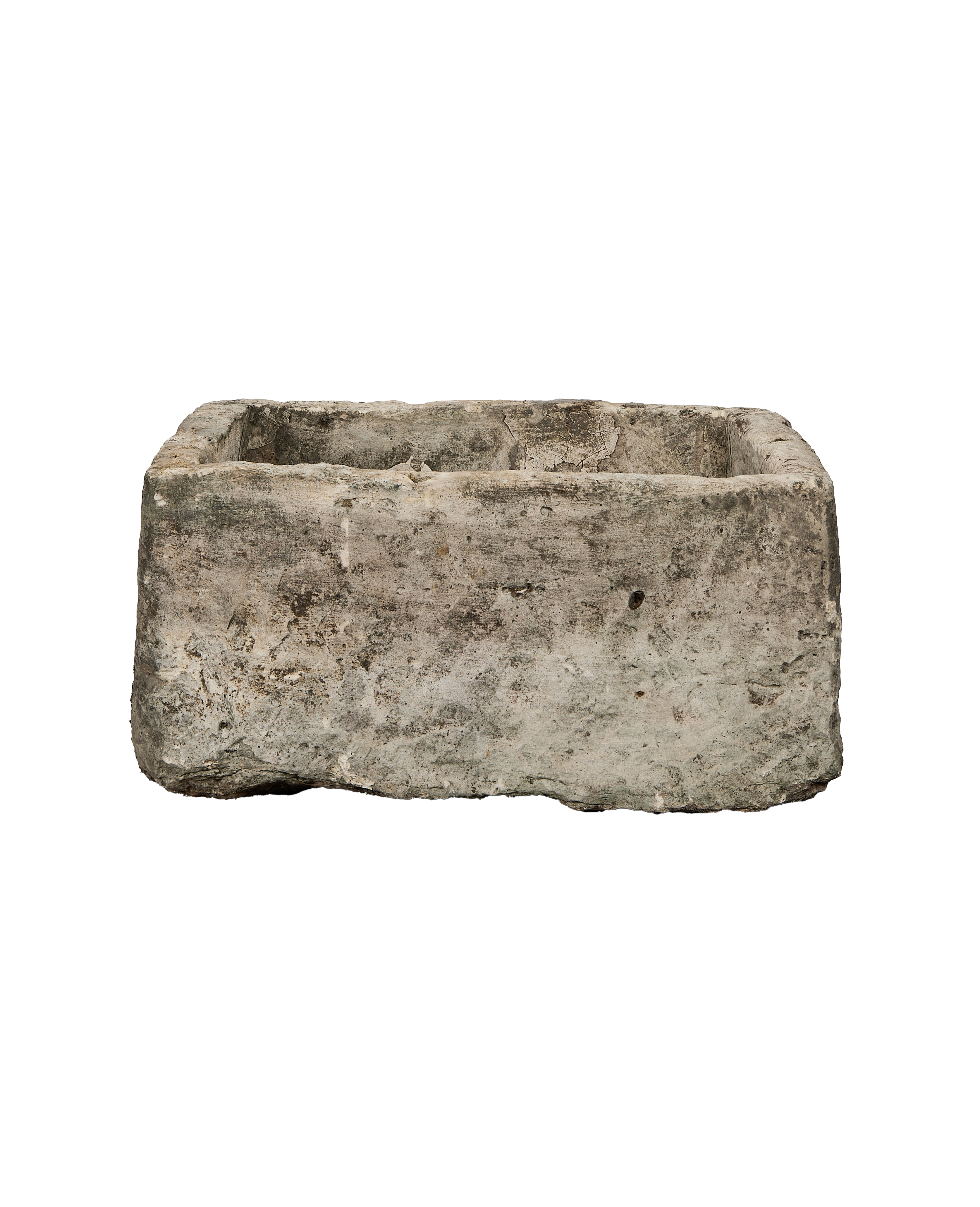 Vintage rectangular limestone trough, showing aged texture, weathered cracks, and uneven edges.