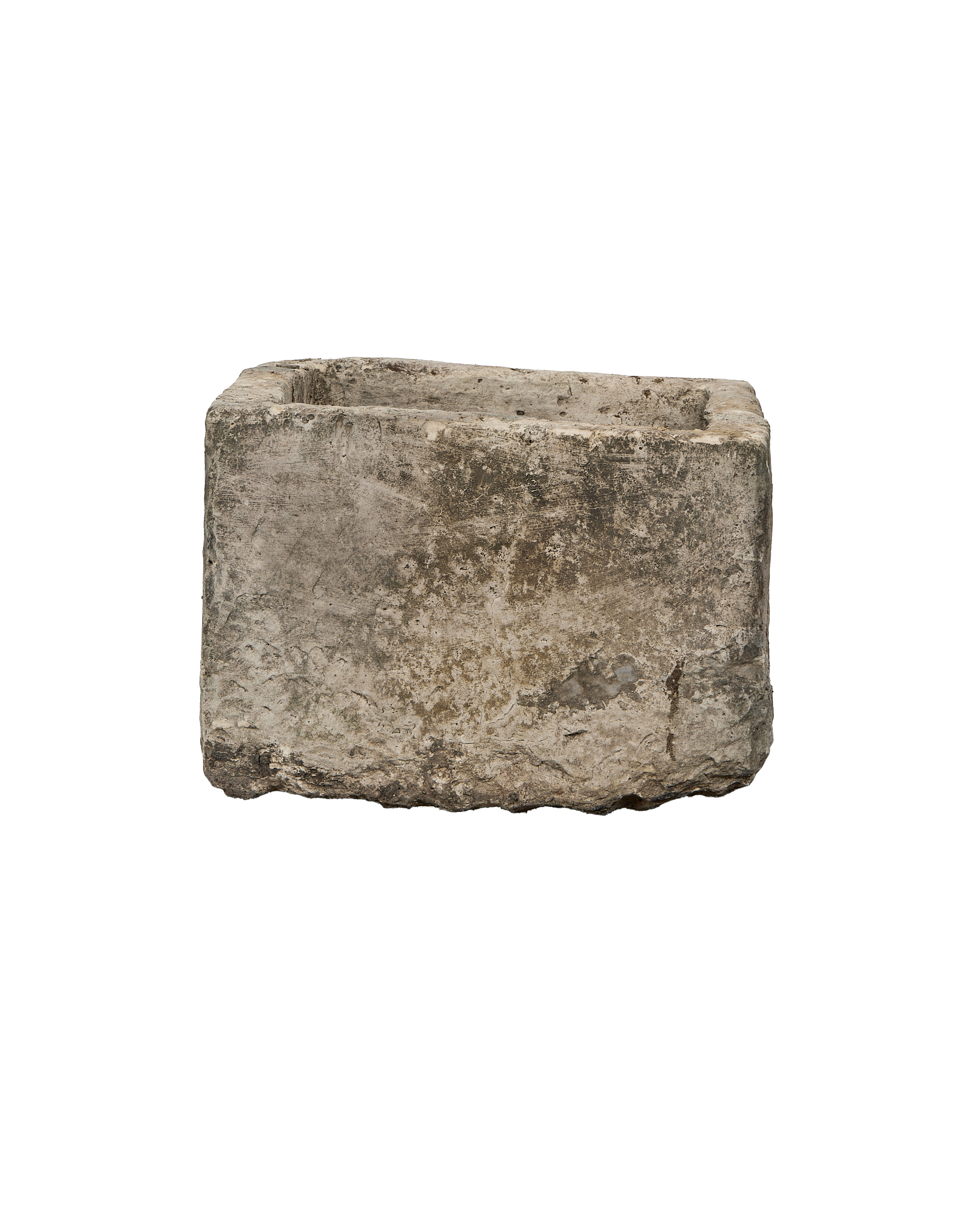 Vintage Indonesian rectangular limestone trough showing weathered, textured surface from mid-height perspective.