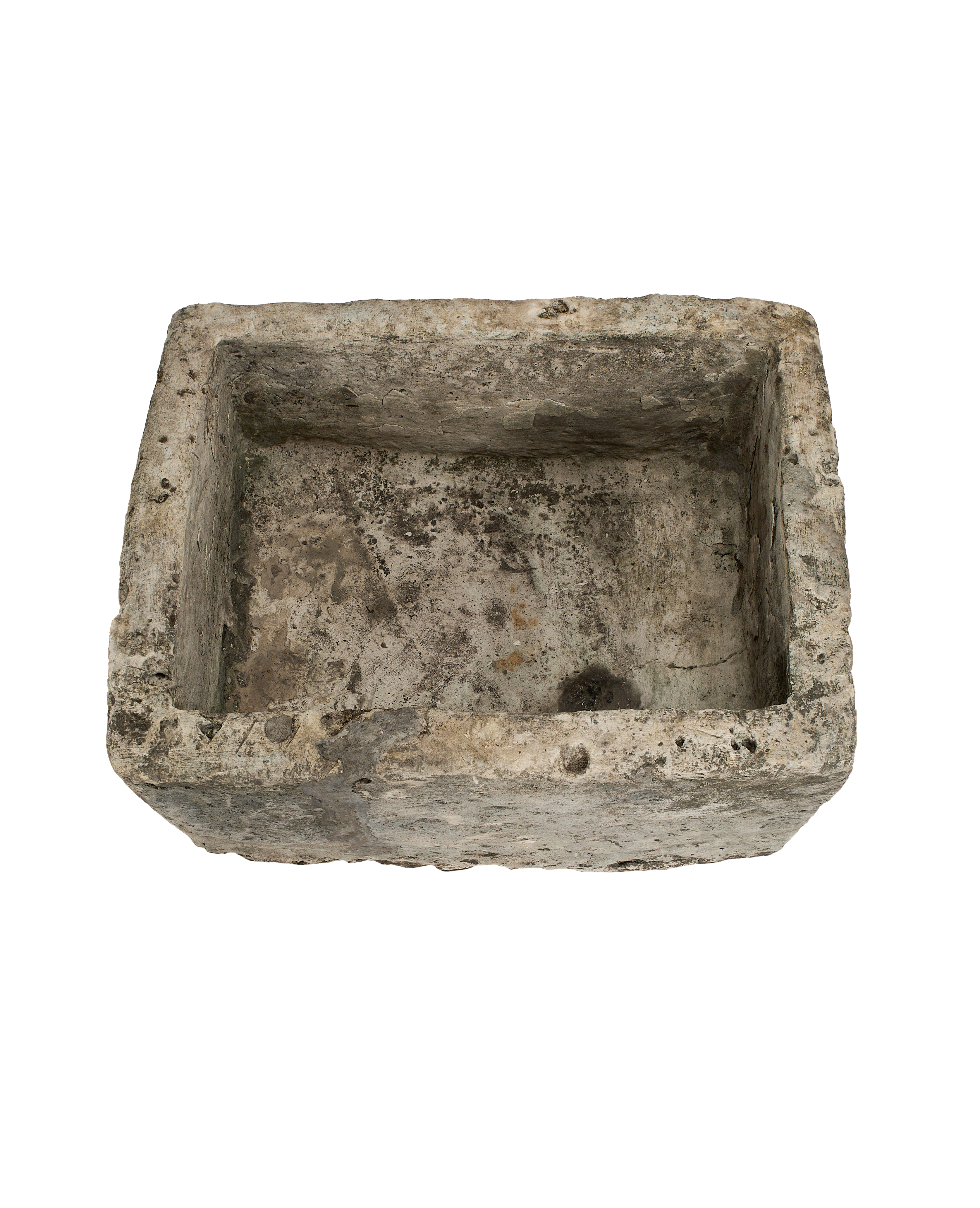 Vintage Indonesian rectangular limestone trough, visible rustic interior texture, top-down view.