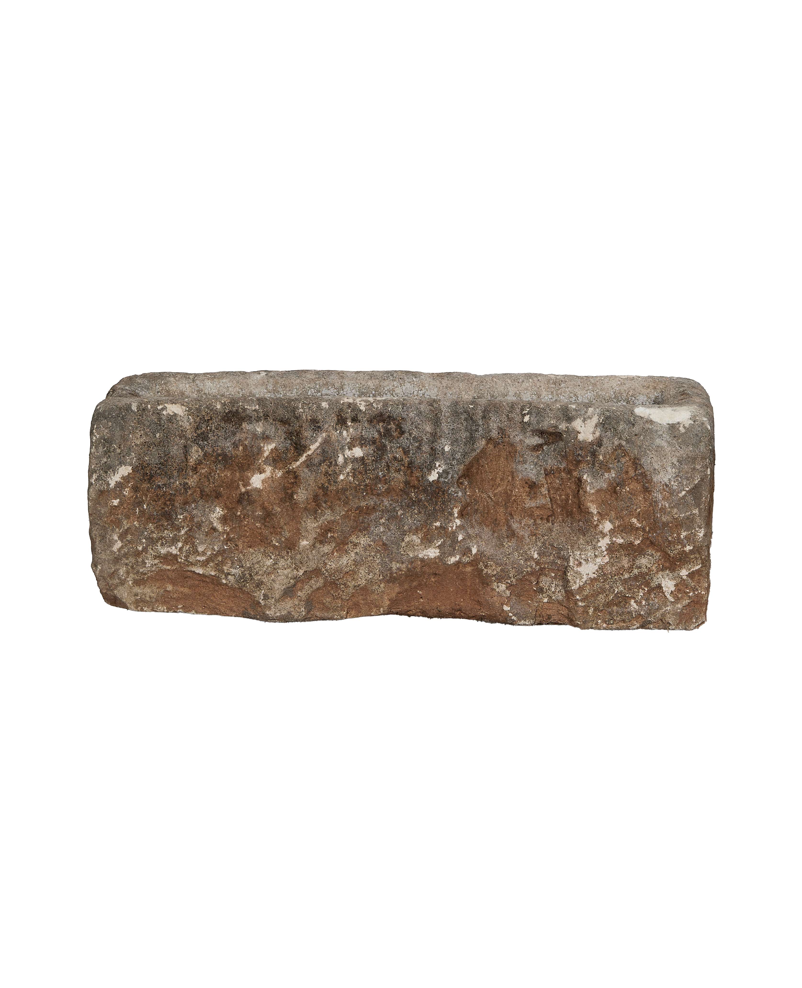 Vintage Indonesian limestone trough, rectangular, with textured, weathered surface and organic imperfections.
