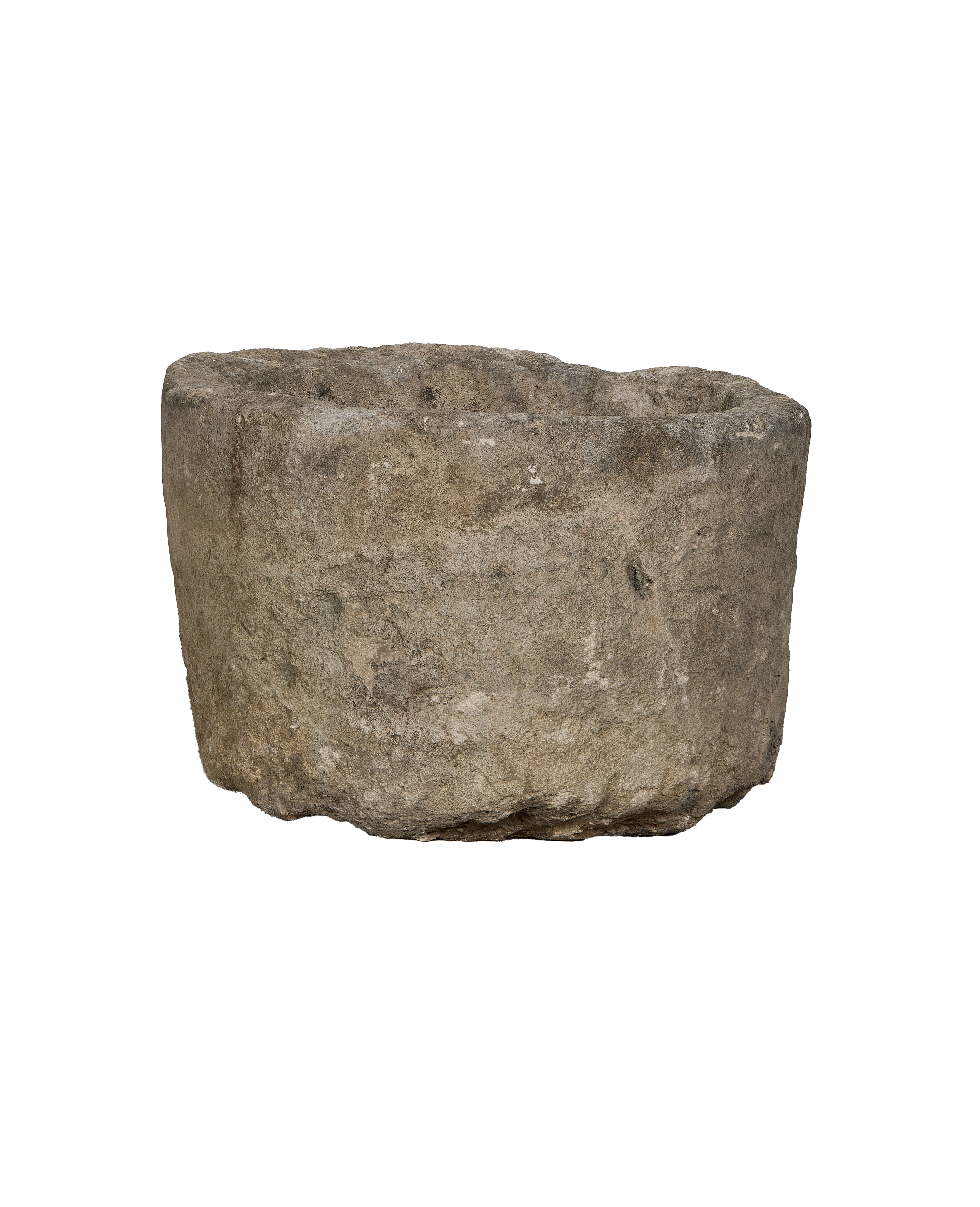 Vintage Indonesian round limestone trough with natural worn texture.