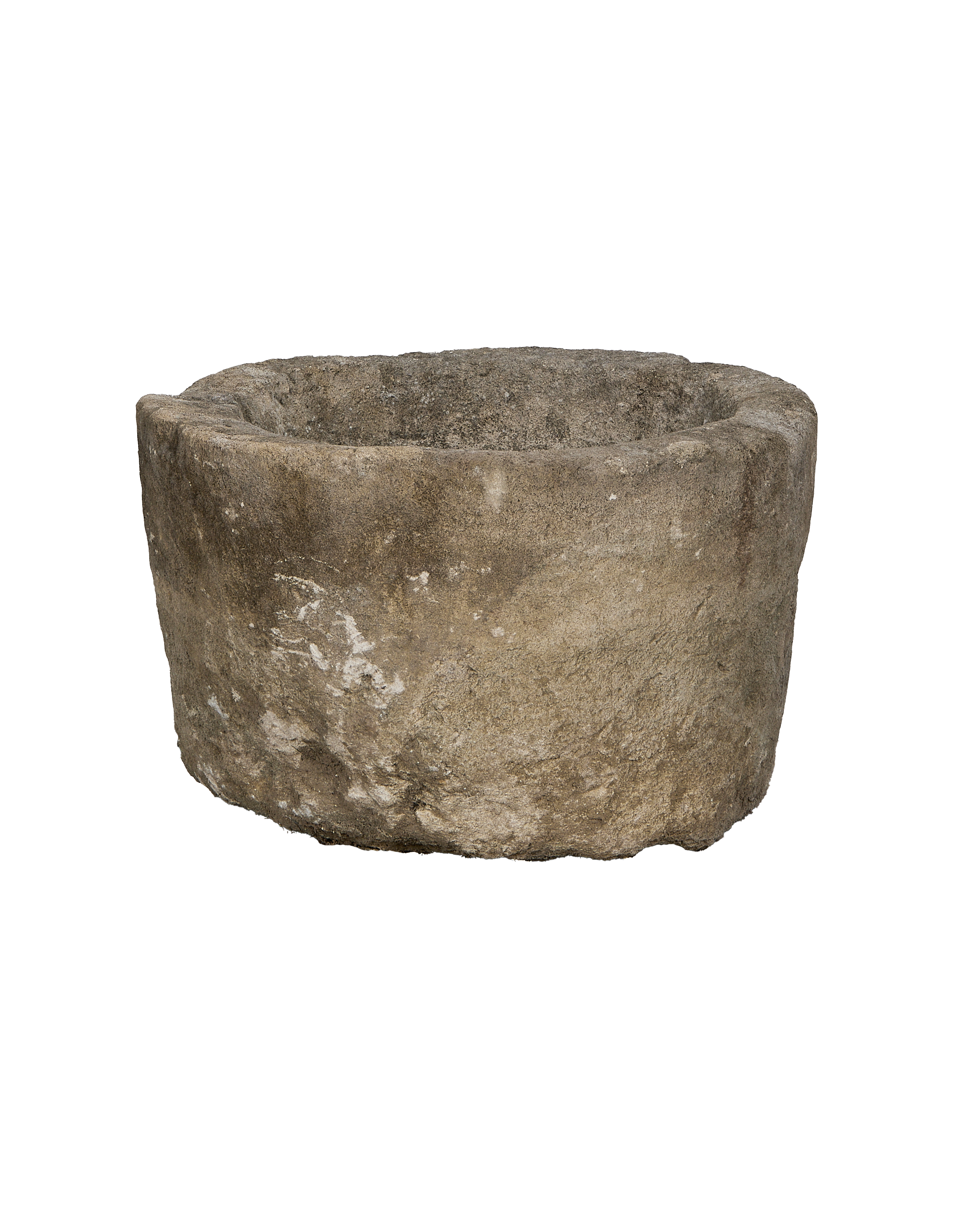 Rough, round vintage limestone trough from Indonesia, showcasing weathered surface texture.