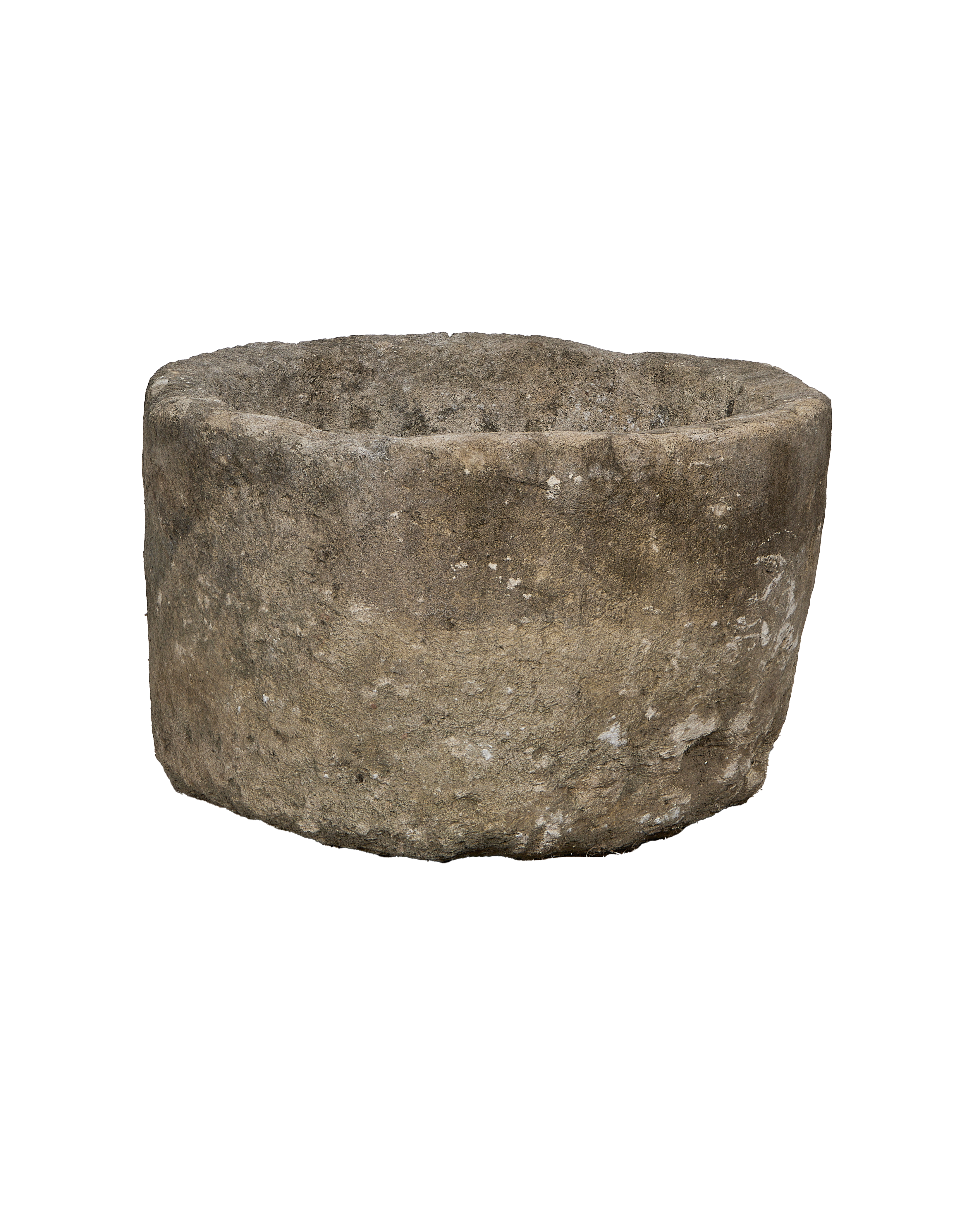 Vintage Indonesian round limestone trough, showing its aged, rugged exterior surface and texture.