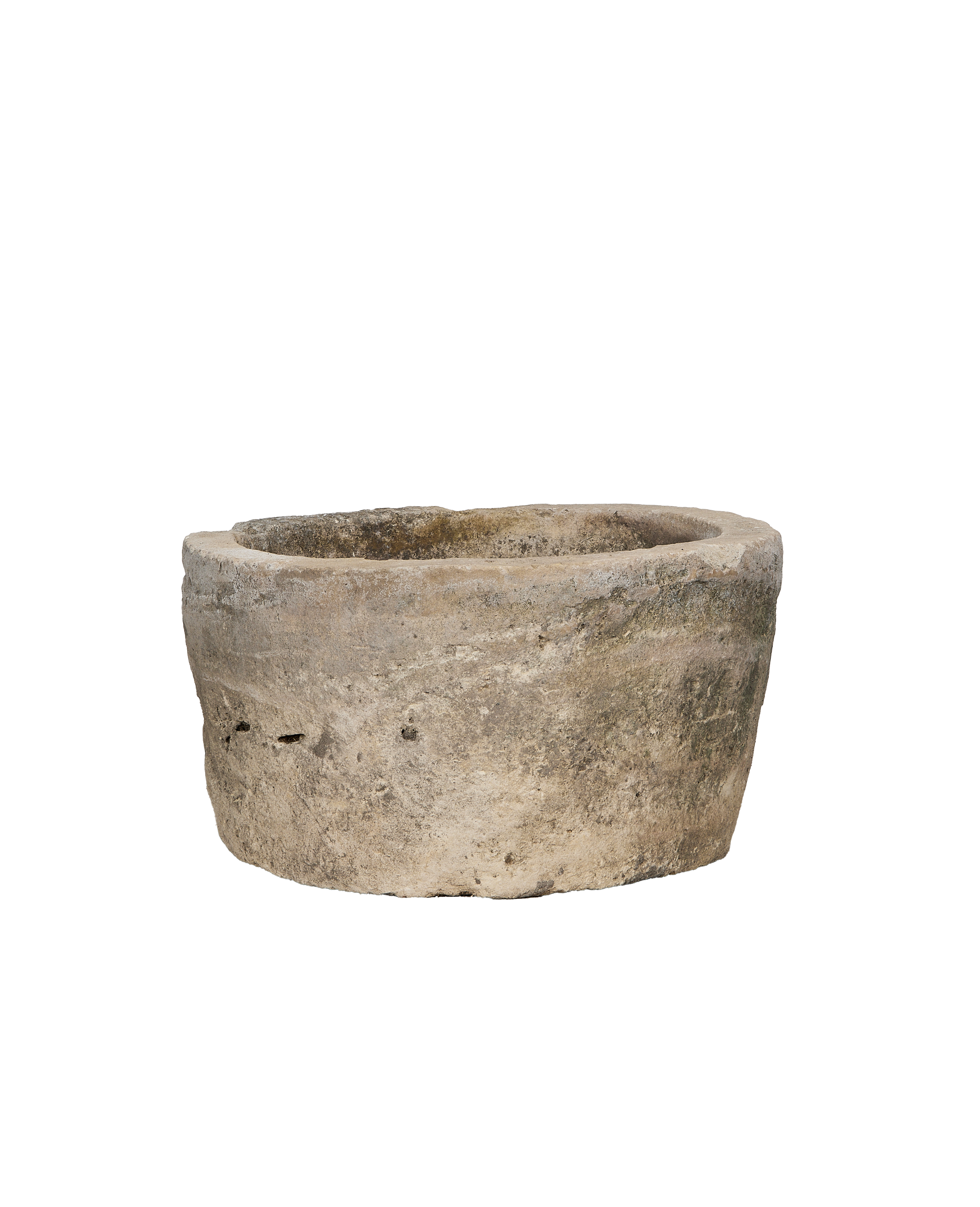 Vintage OAK round limestone trough from Indonesia, weathered with natural markings.