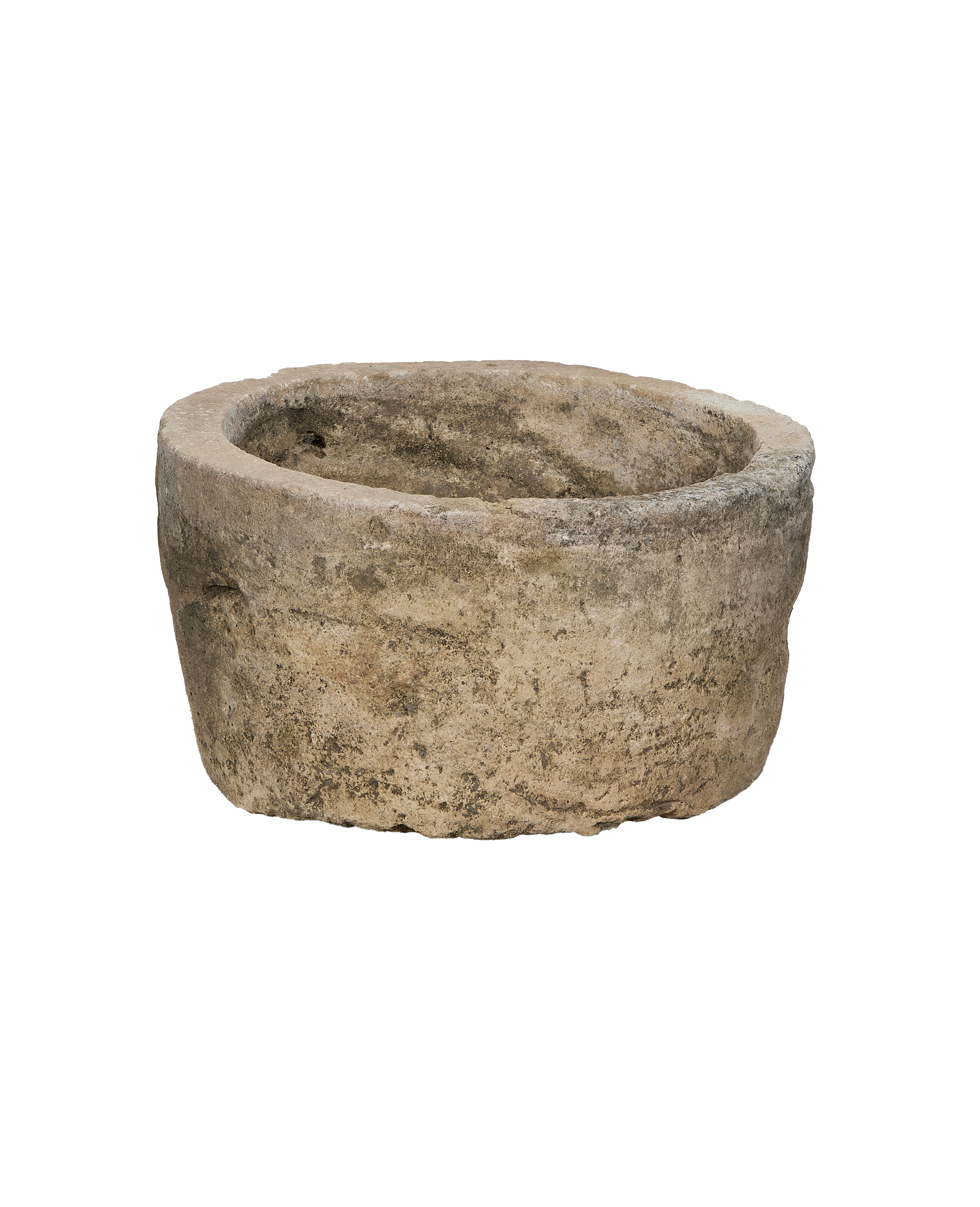 Vintage limestone trough, round, showcasing natural rough texture and weathered finish.