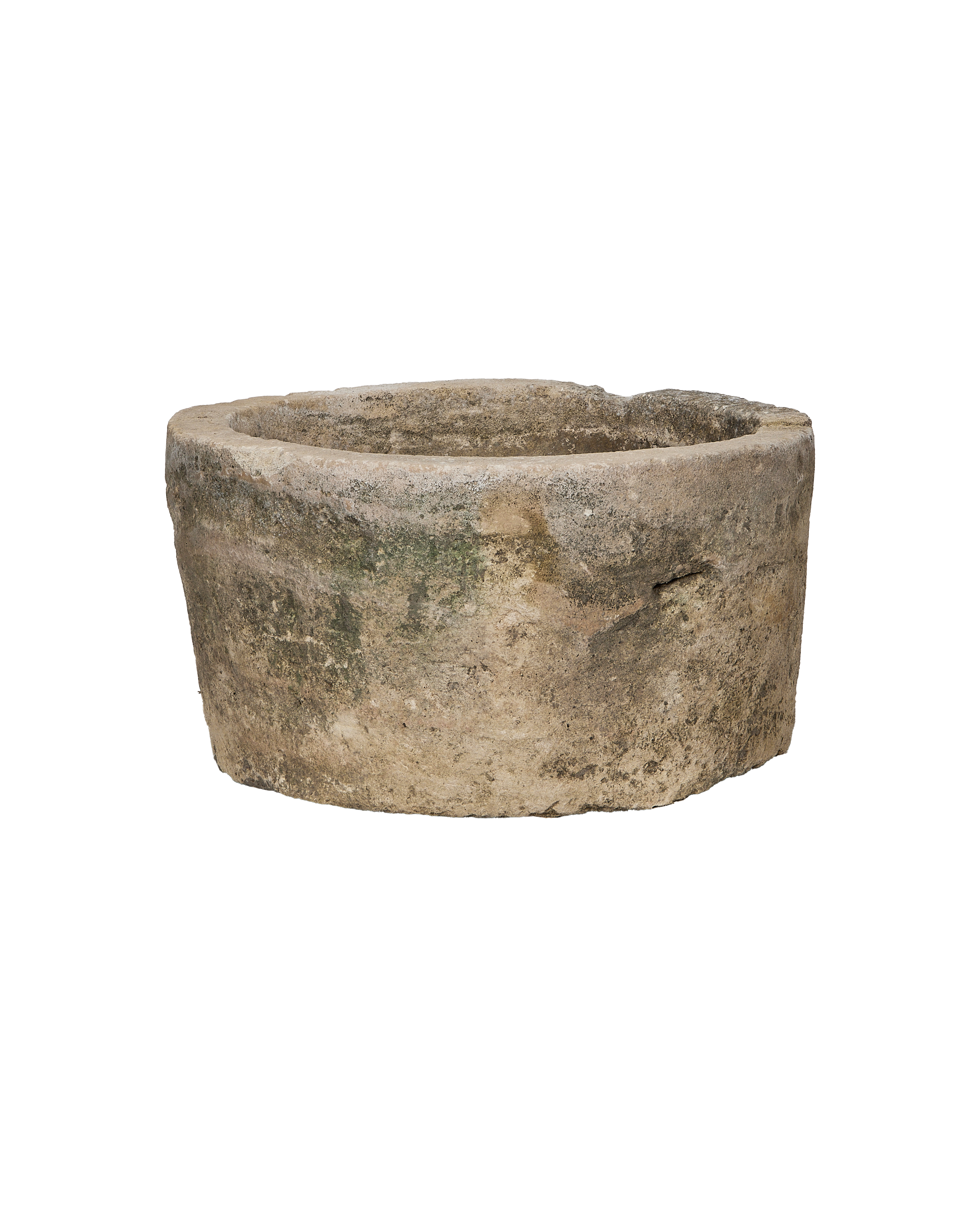Oak vintage round limestone trough from Indonesia, with weathered exterior and moss patina.