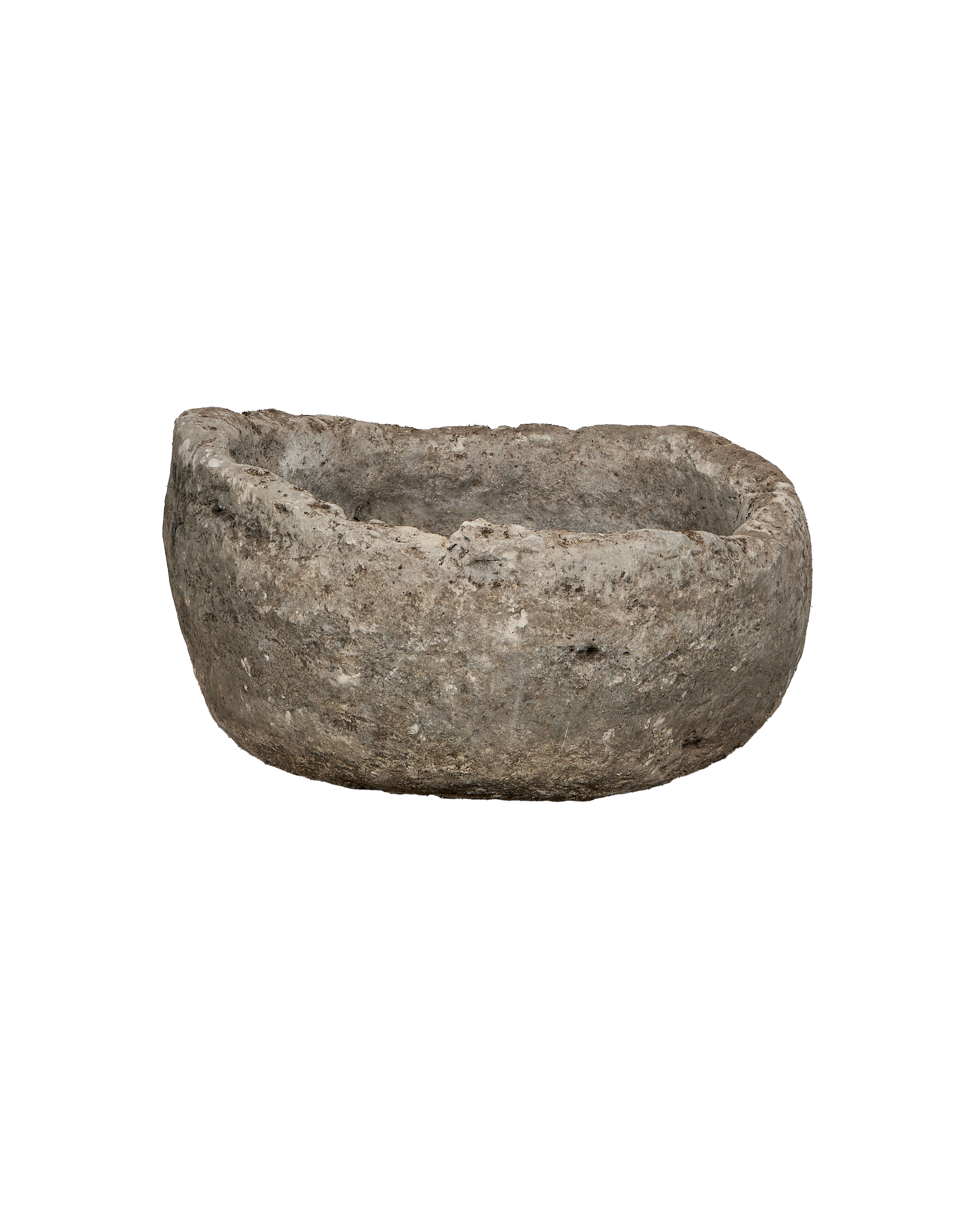 Vintage Indonesian limestone trough, round, earthy gray, with rugged texture and uneven rim.