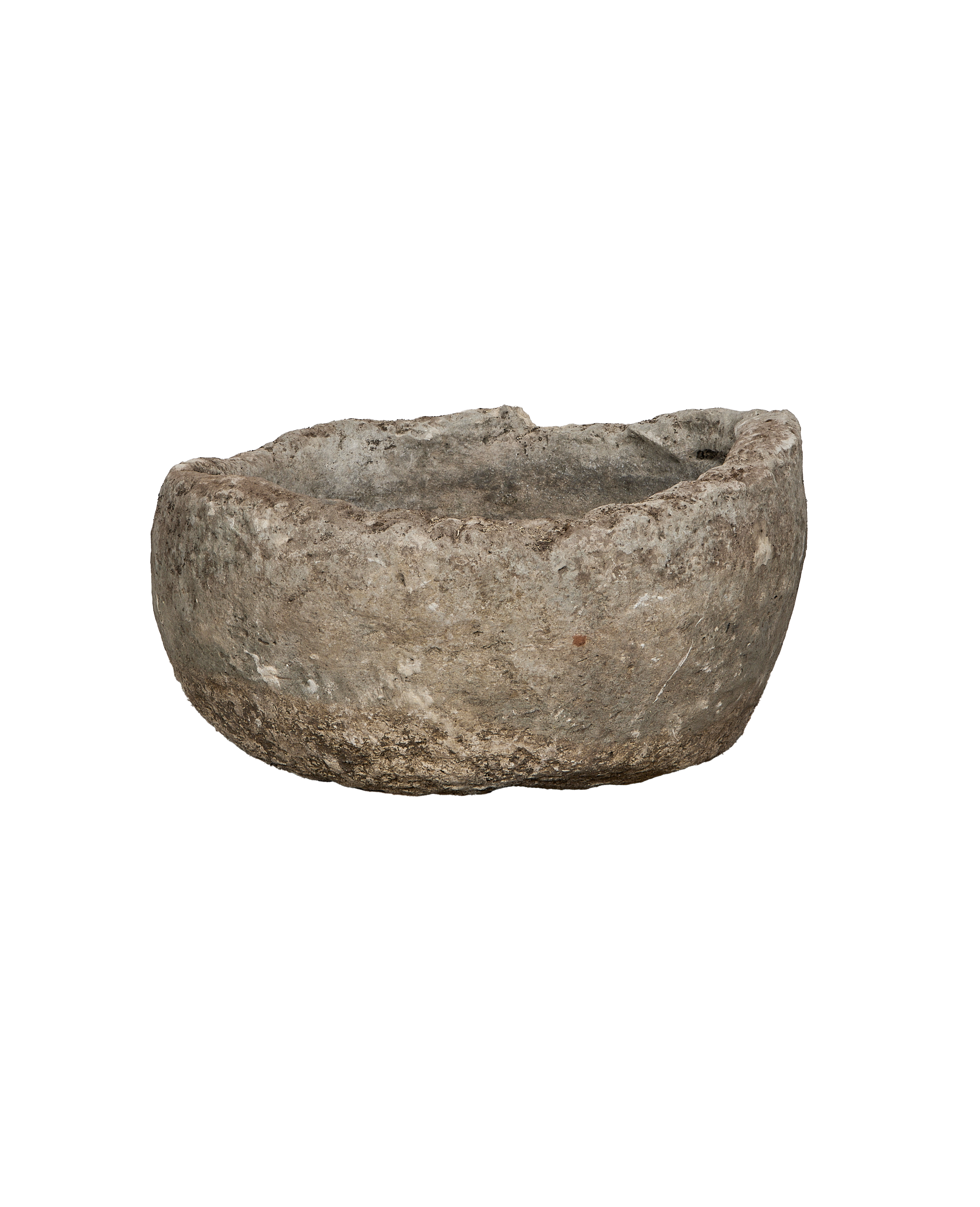Vintage round limestone trough, aged grey patina, rough texture showing natural wear.