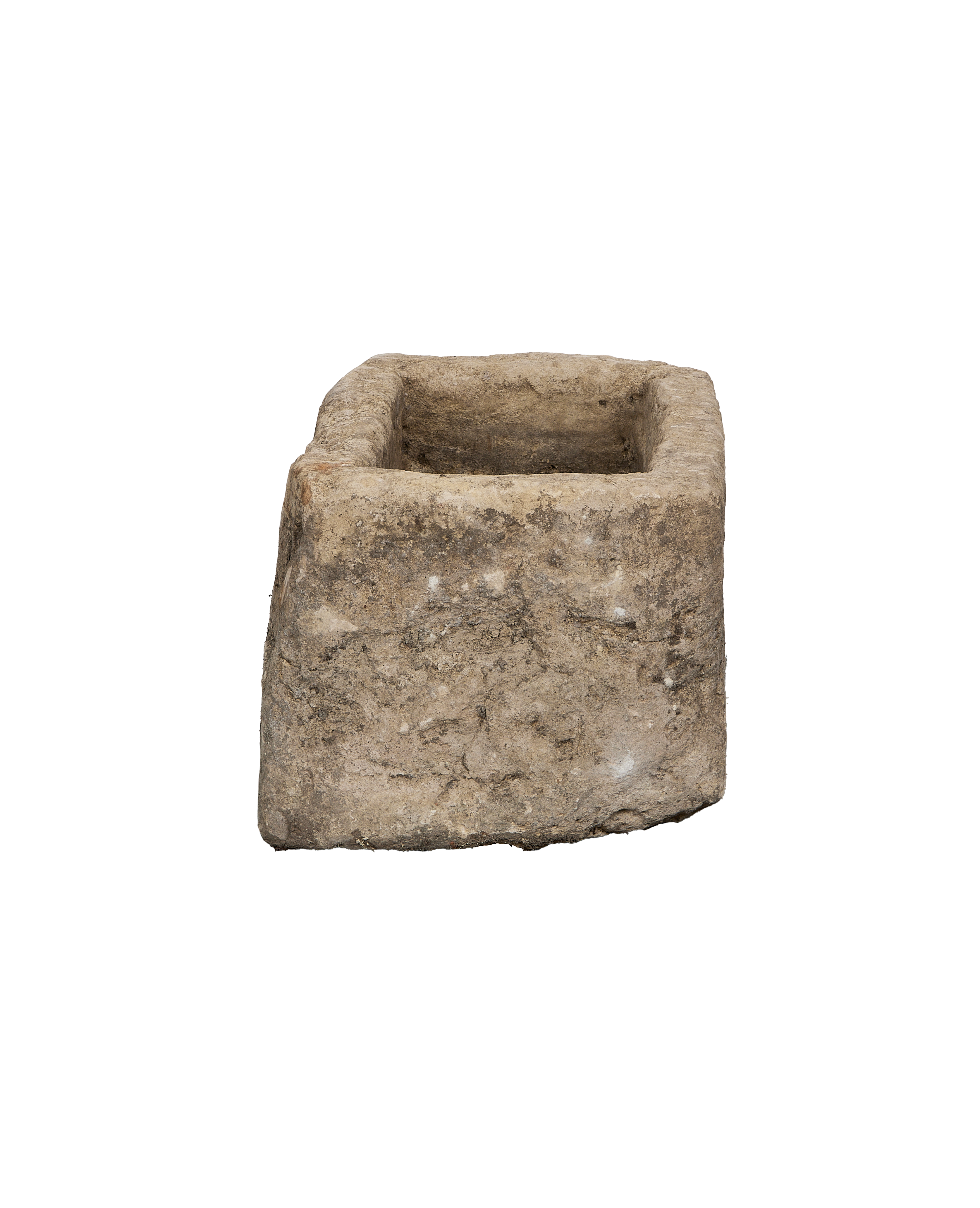 Vintage Indonesian rectangular limestone trough, close-up of textured exterior showing natural aging and patina.