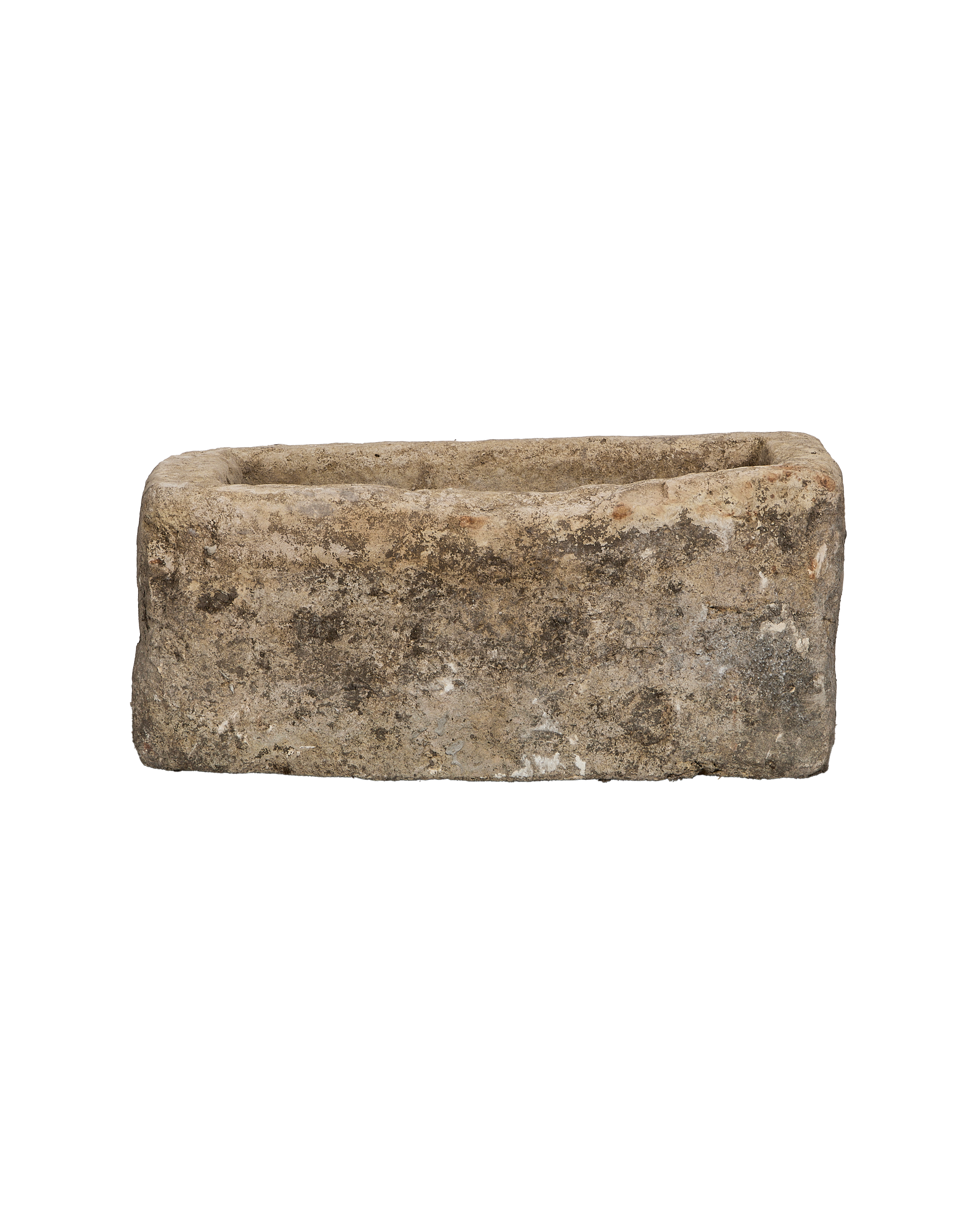 Vintage rectangular limestone garden trough with weathered texture from Indonesia, top-down view.