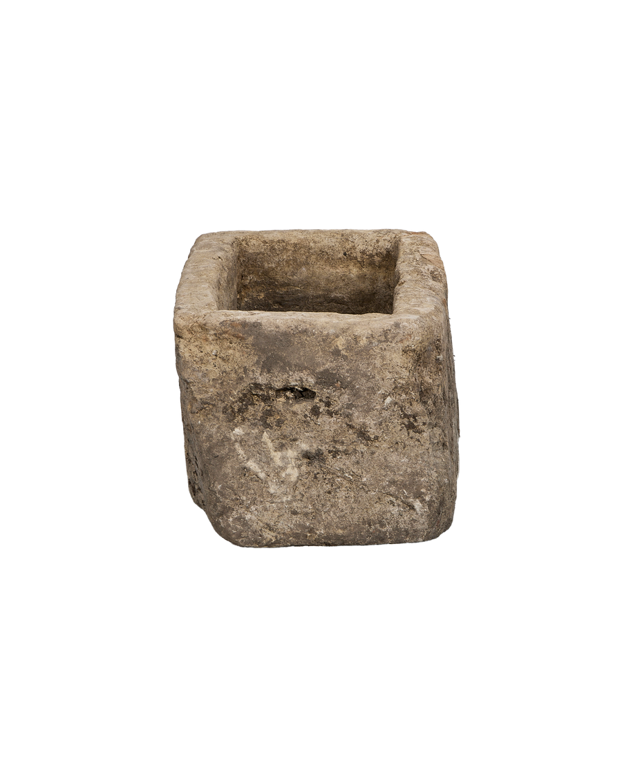 Vintage Indonesian rectangular limestone trough, front-facing view, showing weathered surface.