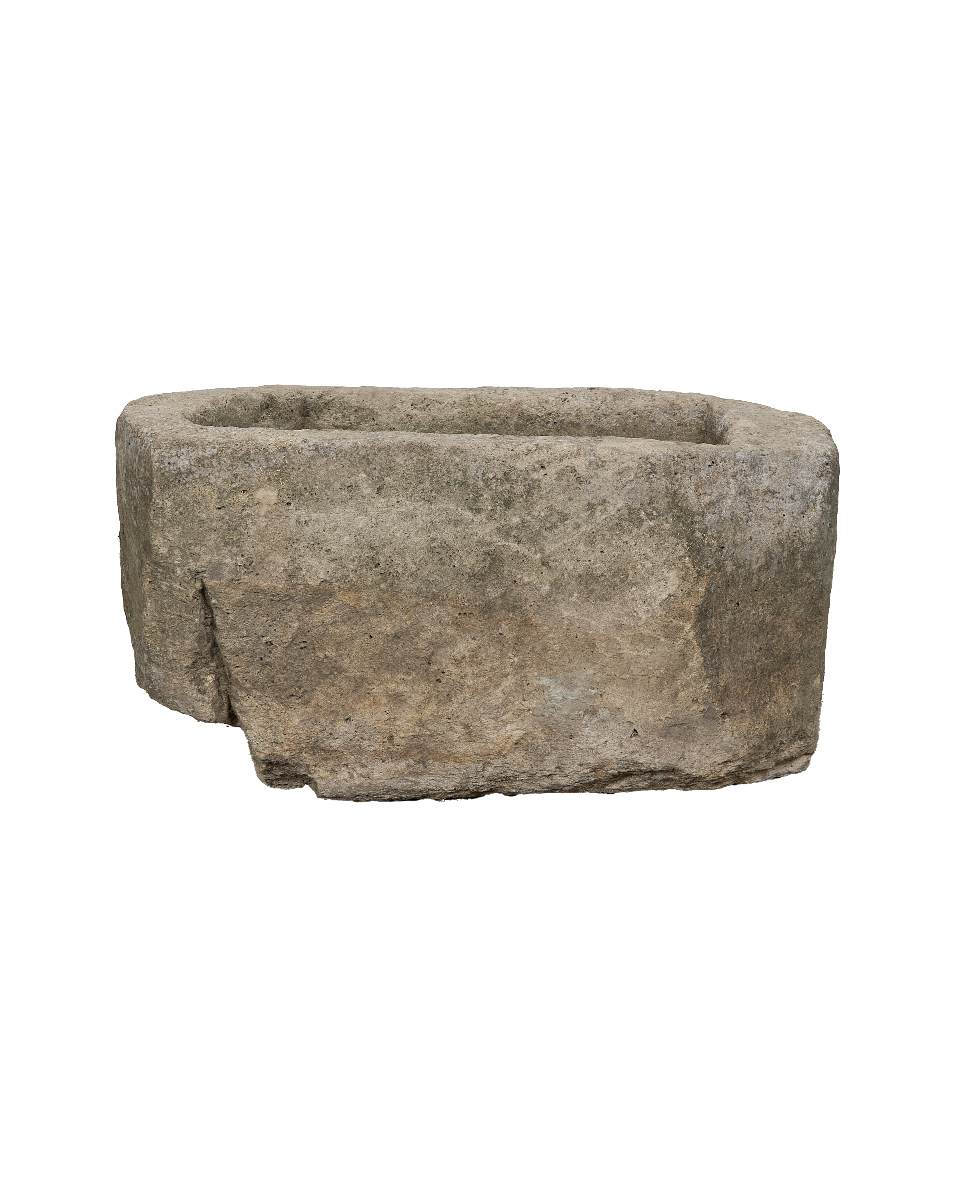 Vintage Indonesian oblong limestone trough with weathered natural patina, riven texture.