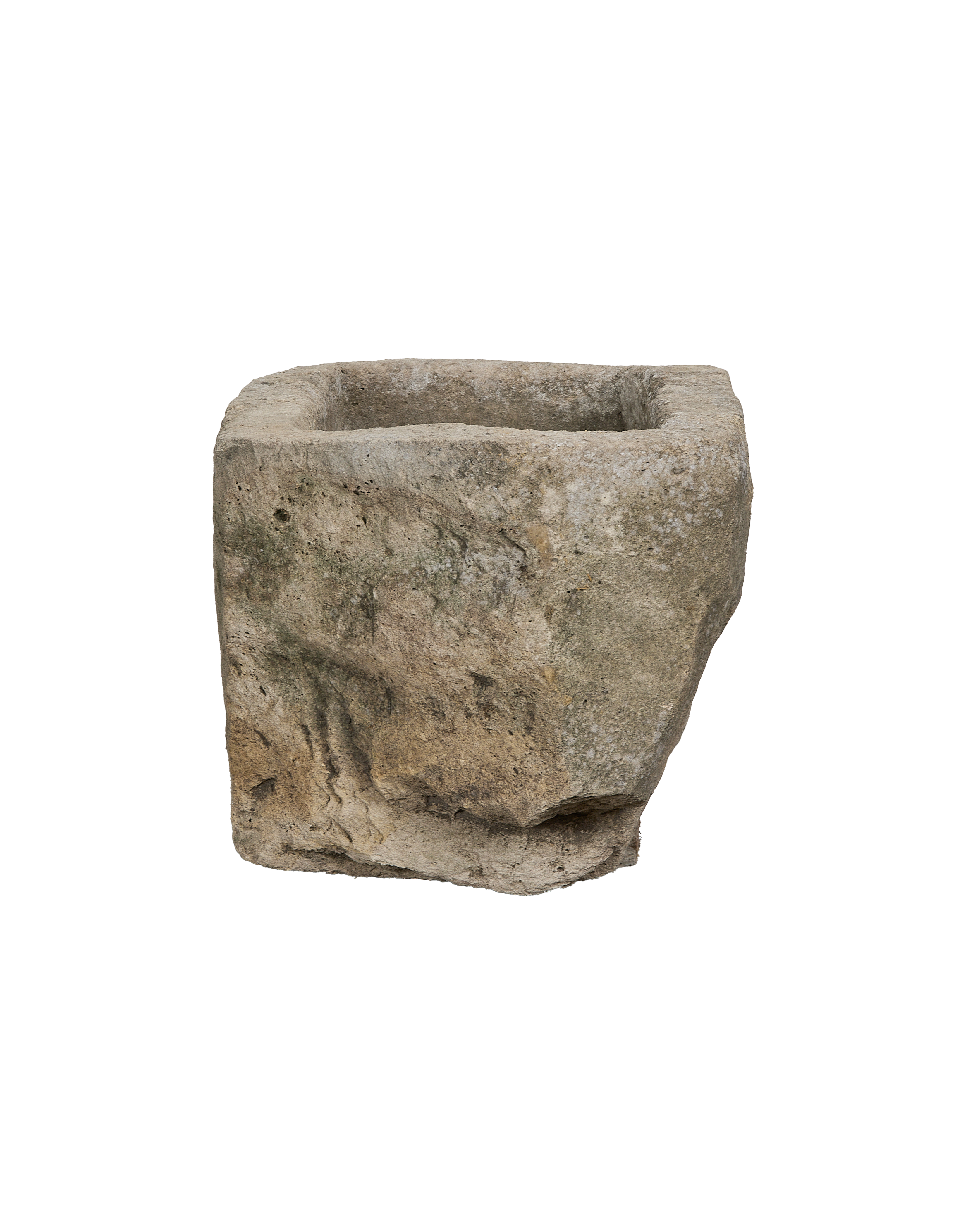 Vintage Indonesian oblong limestone trough, exterior side view highlighting aged texture and natural imperfections.