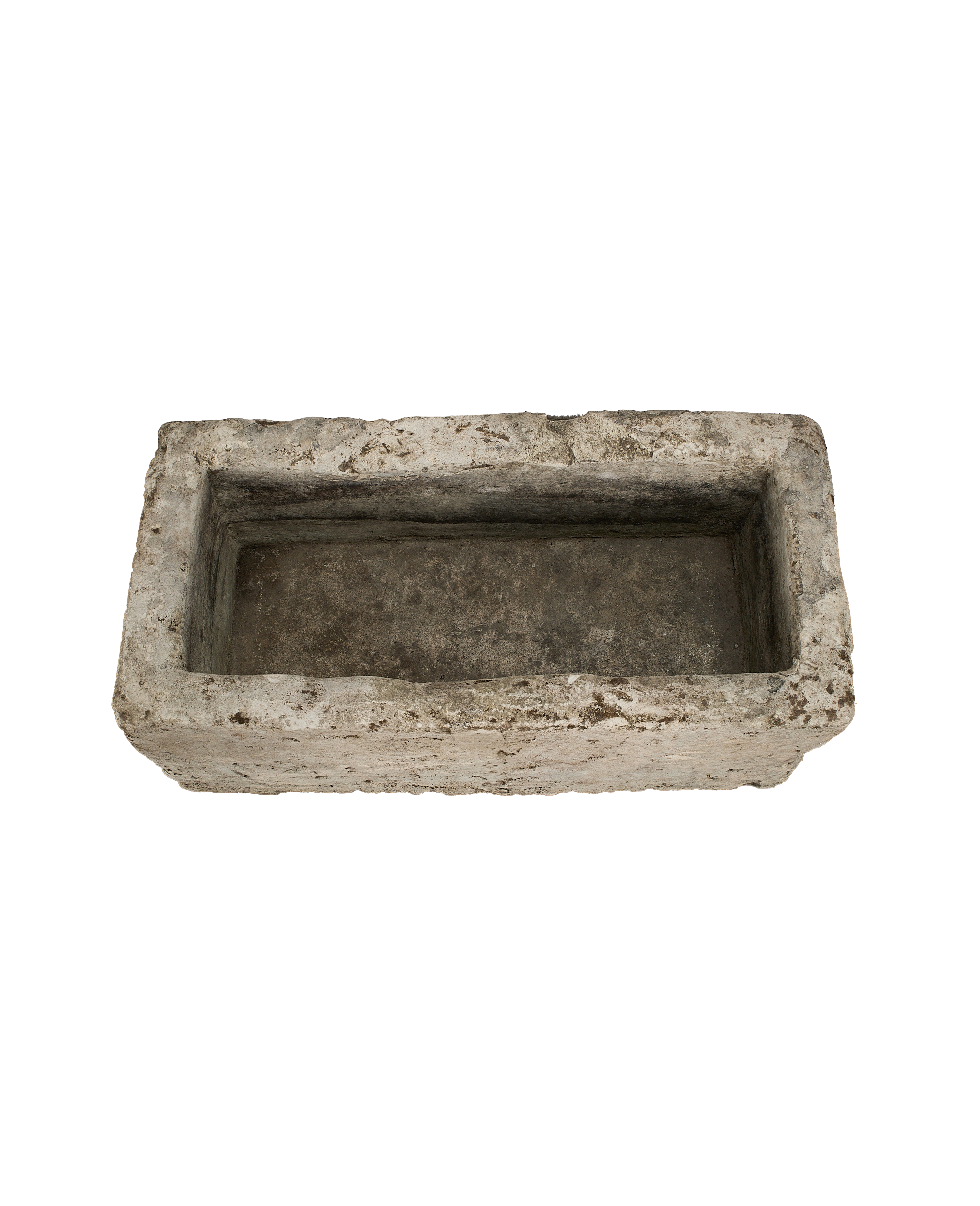 Vintage Indonesian rectangular limestone trough, top-down view showing interior texture.