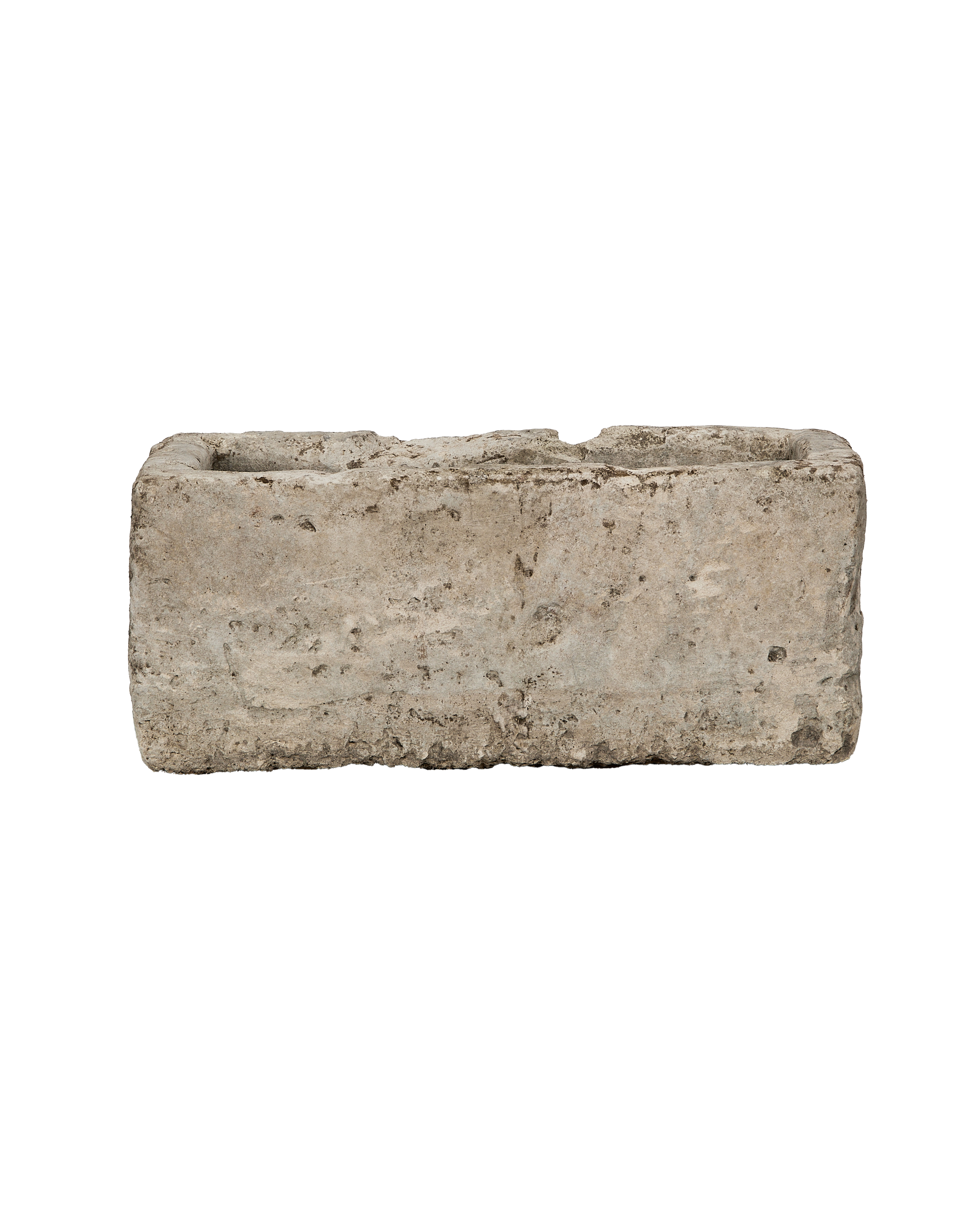 Vintage rectangular limestone trough, rustic texture, imperfect edges, Indonesian antique.